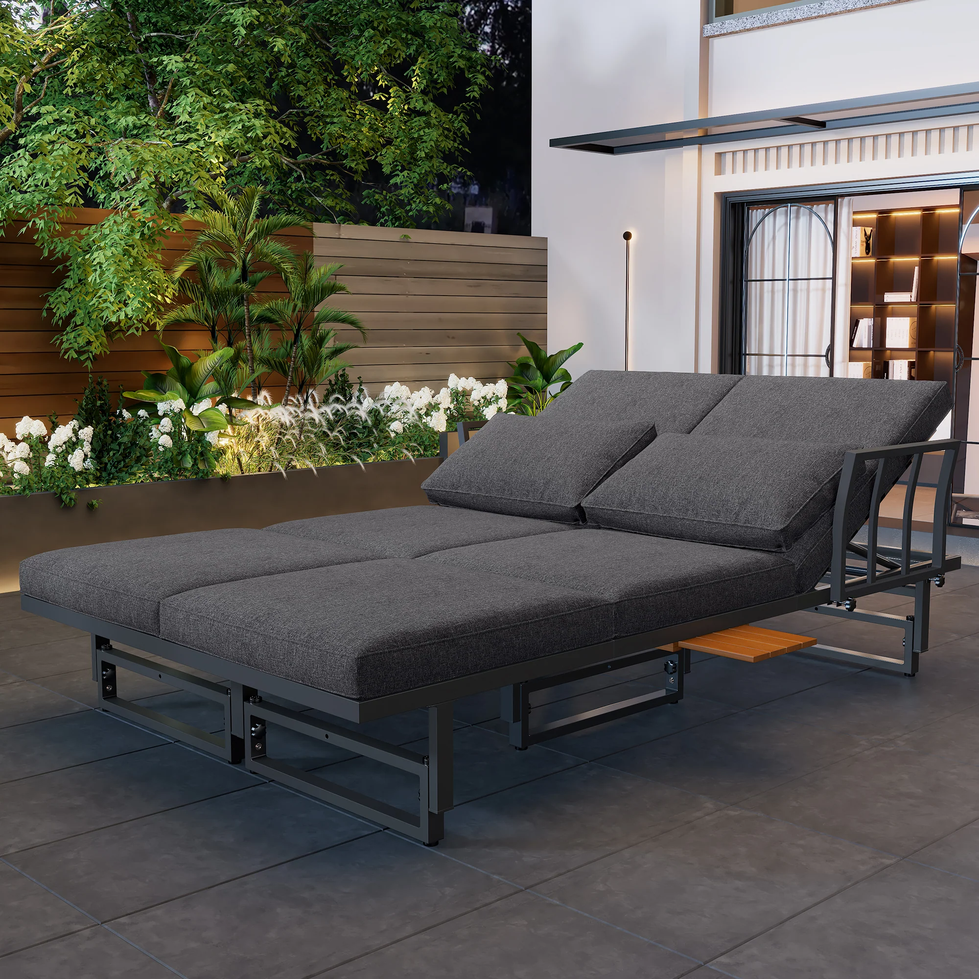 Garden Furniture Set 3-Piece 2 Sofas Table Adjustable Backrest Acacia Wood Grey - Image 3