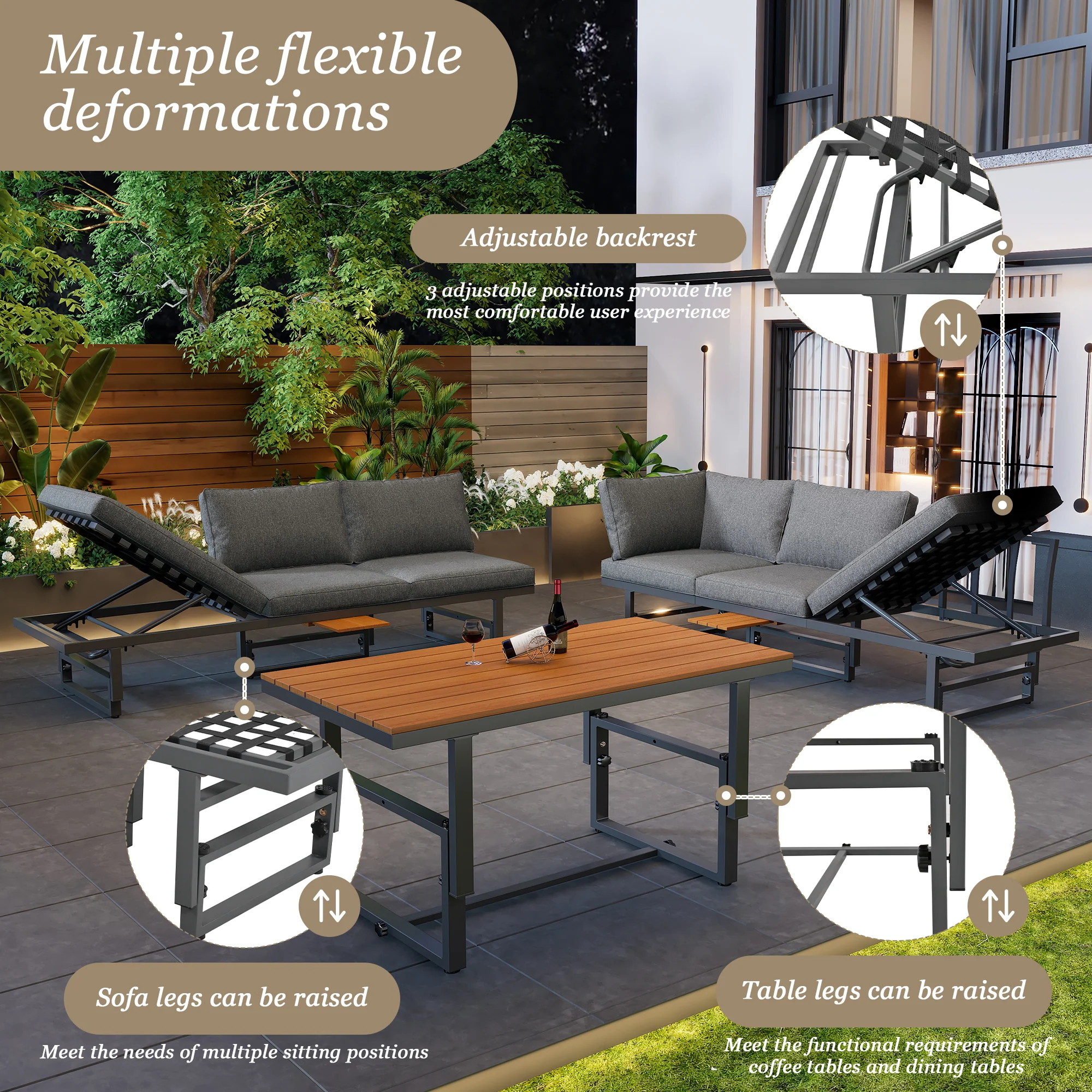Garden Furniture Set 3-Piece 2 Sofas Table Adjustable Backrest Acacia Wood Grey - Image 8