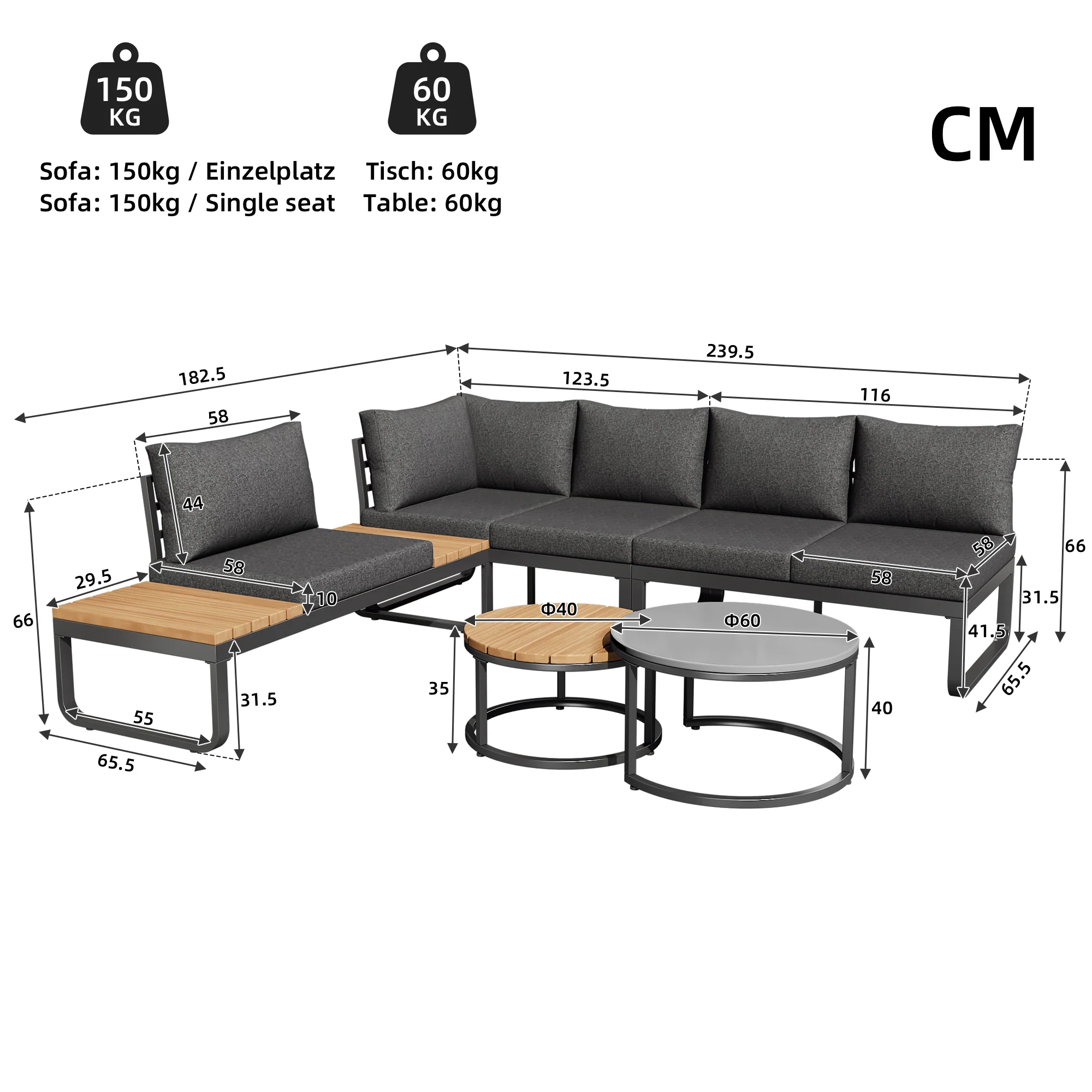 Garden Furniture Set 4-5 Seater with 2 Stackable Coffee Tables Adjustable Legs Galvanized Iron Grey - Image 7