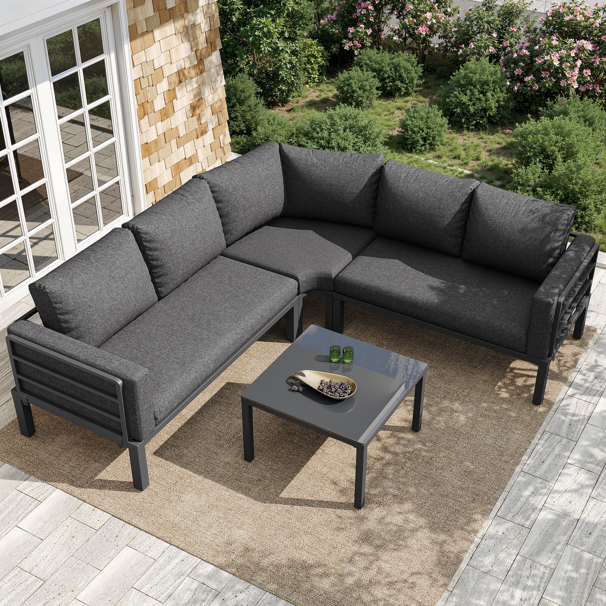 Garden Furniture Set 4-5 Seater with Tempered Glass Coffee Table Adjustable Legs Galvanized Iron Grey Cushions - Image 4