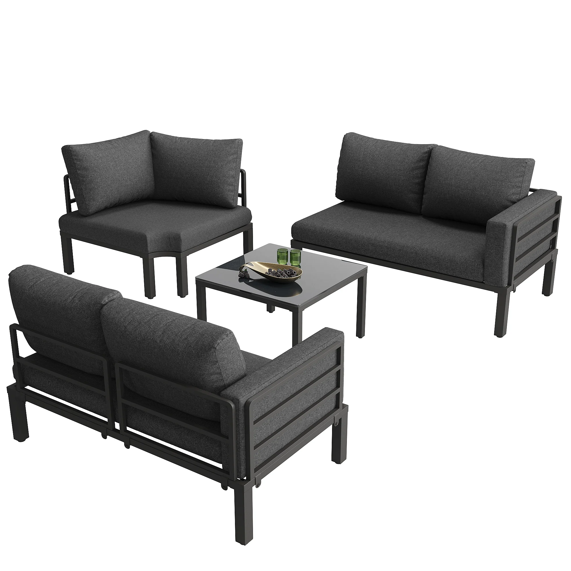Garden Furniture Set 4-5 Seater with Tempered Glass Coffee Table Adjustable Legs Galvanized Iron Grey Cushions - Image 7