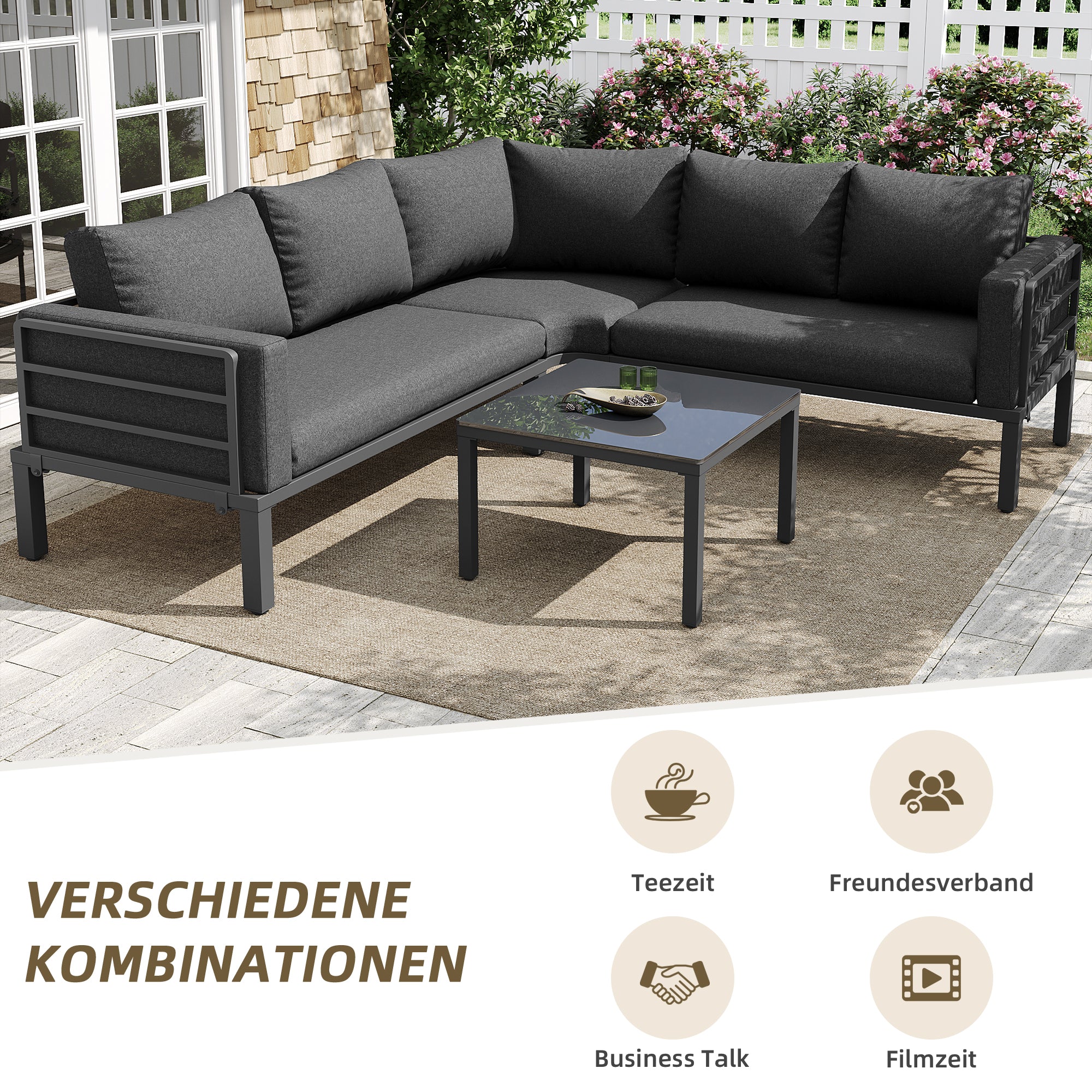 Garden Furniture Set 4-5 Seater with Tempered Glass Coffee Table Adjustable Legs Galvanized Iron Grey Cushions - Image 9