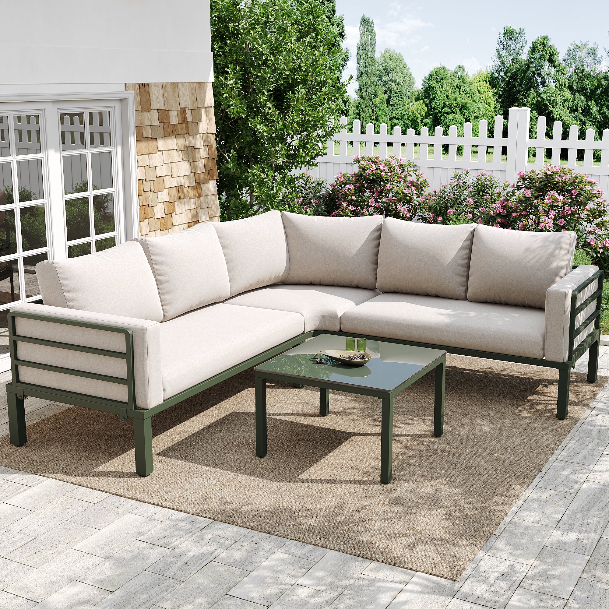 Garden Furniture Set 4-5 Seater with Tempered Glass Coffee Table Adjustable Legs - Green Iron/Beige Cushions