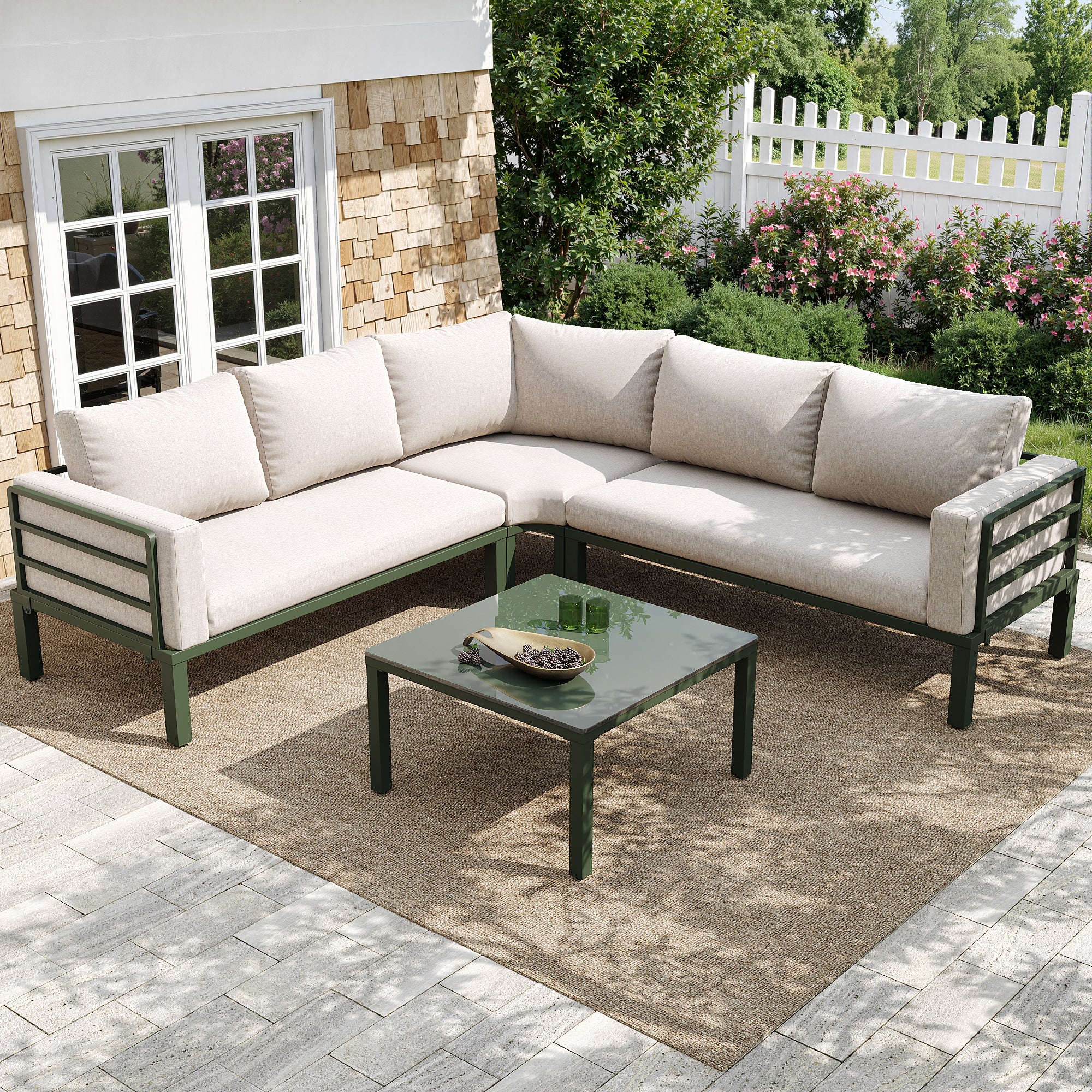 Garden Furniture Set 4-5 Seater with Tempered Glass Coffee Table Adjustable Legs - Green Iron/Beige Cushions - Image 2