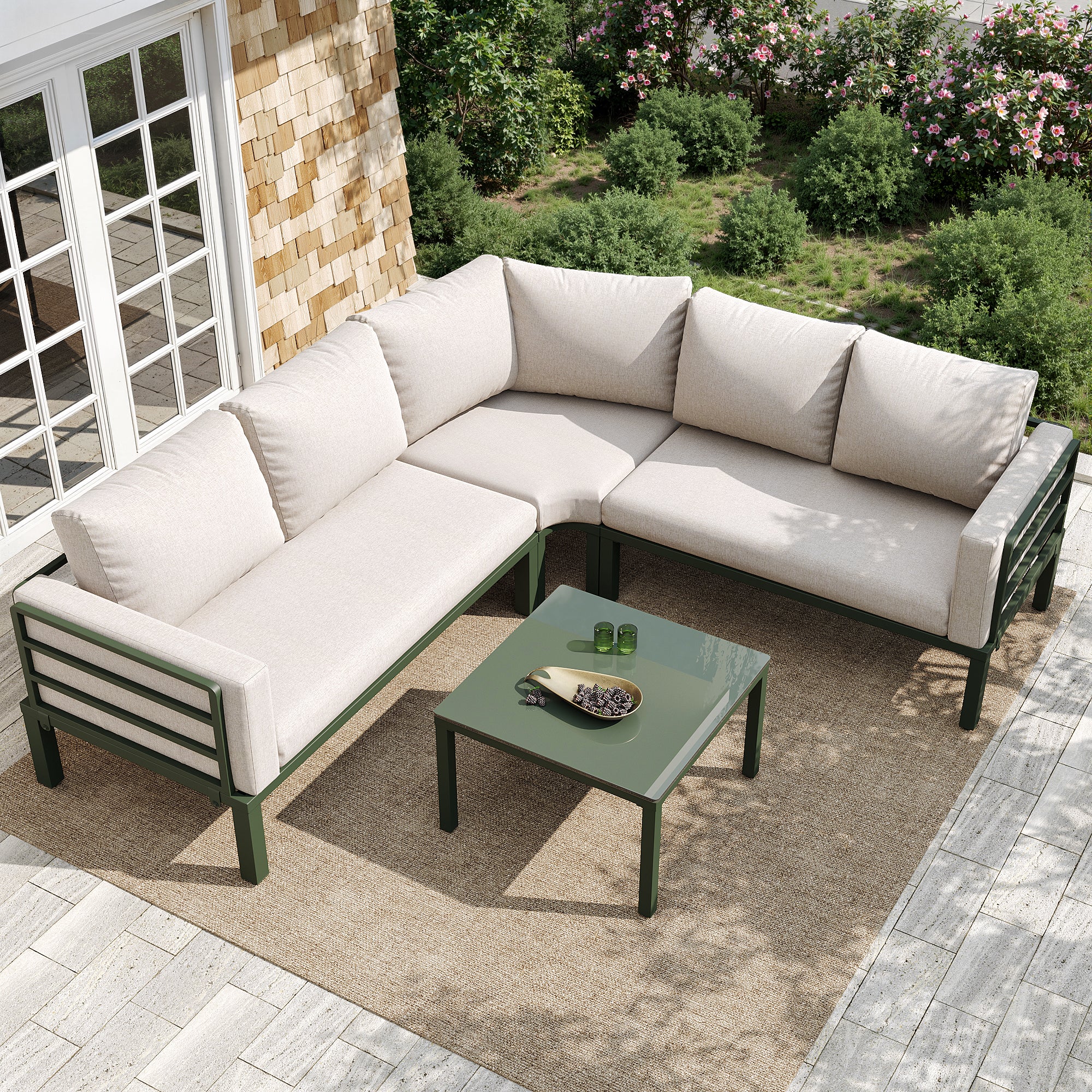 Garden Furniture Set 4-5 Seater with Tempered Glass Coffee Table Adjustable Legs - Green Iron/Beige Cushions - Image 3