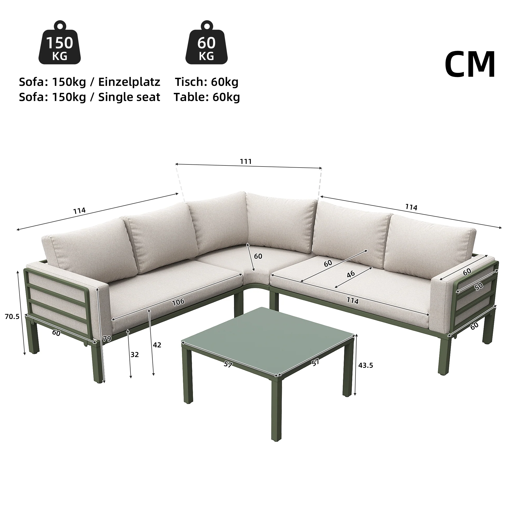 Garden Furniture Set 4-5 Seater with Tempered Glass Coffee Table Adjustable Legs - Green Iron/Beige Cushions - Image 5