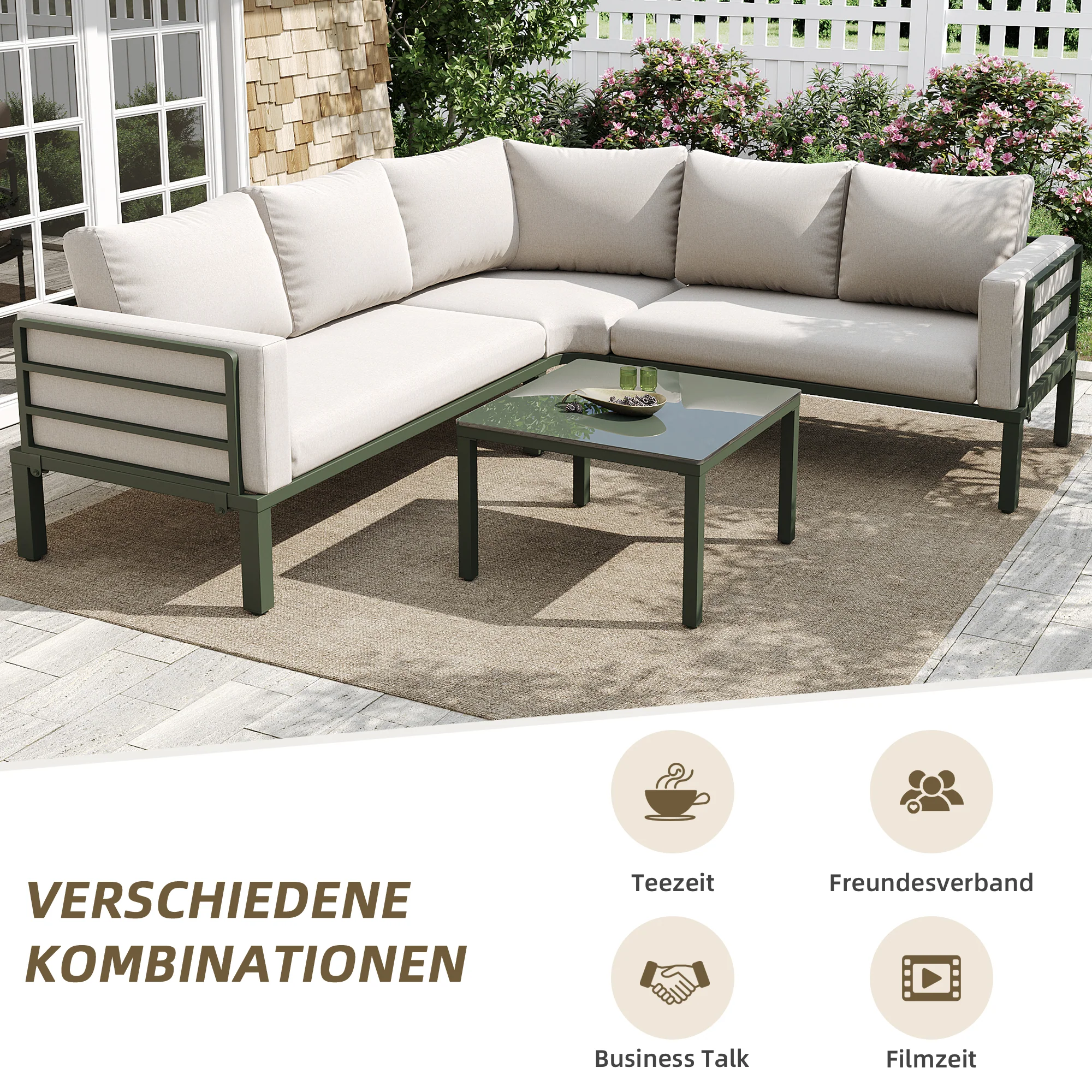 Garden Furniture Set 4-5 Seater with Tempered Glass Coffee Table Adjustable Legs - Green Iron/Beige Cushions - Image 6