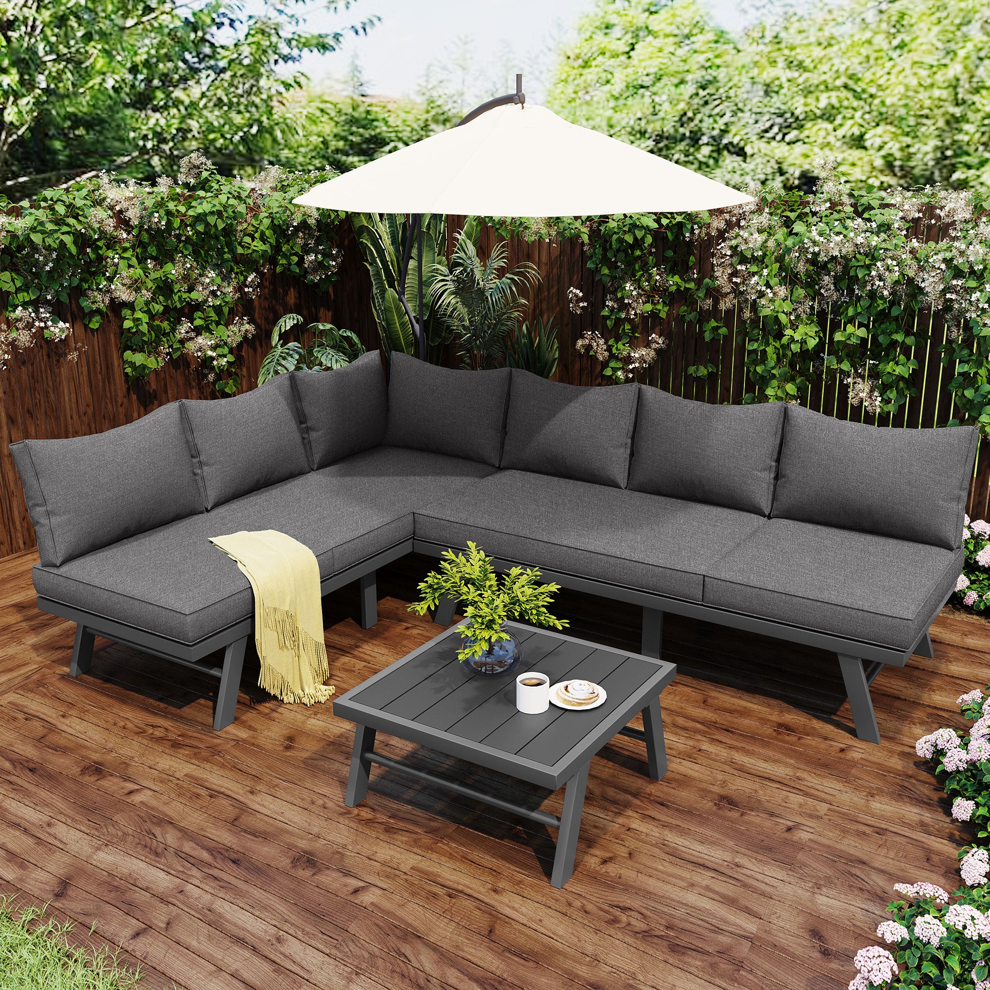 Garden furniture set lounge chair set 5-6 people 2 3-seater sofas 1 table with 7 gray cushions dark gray galvanized iron