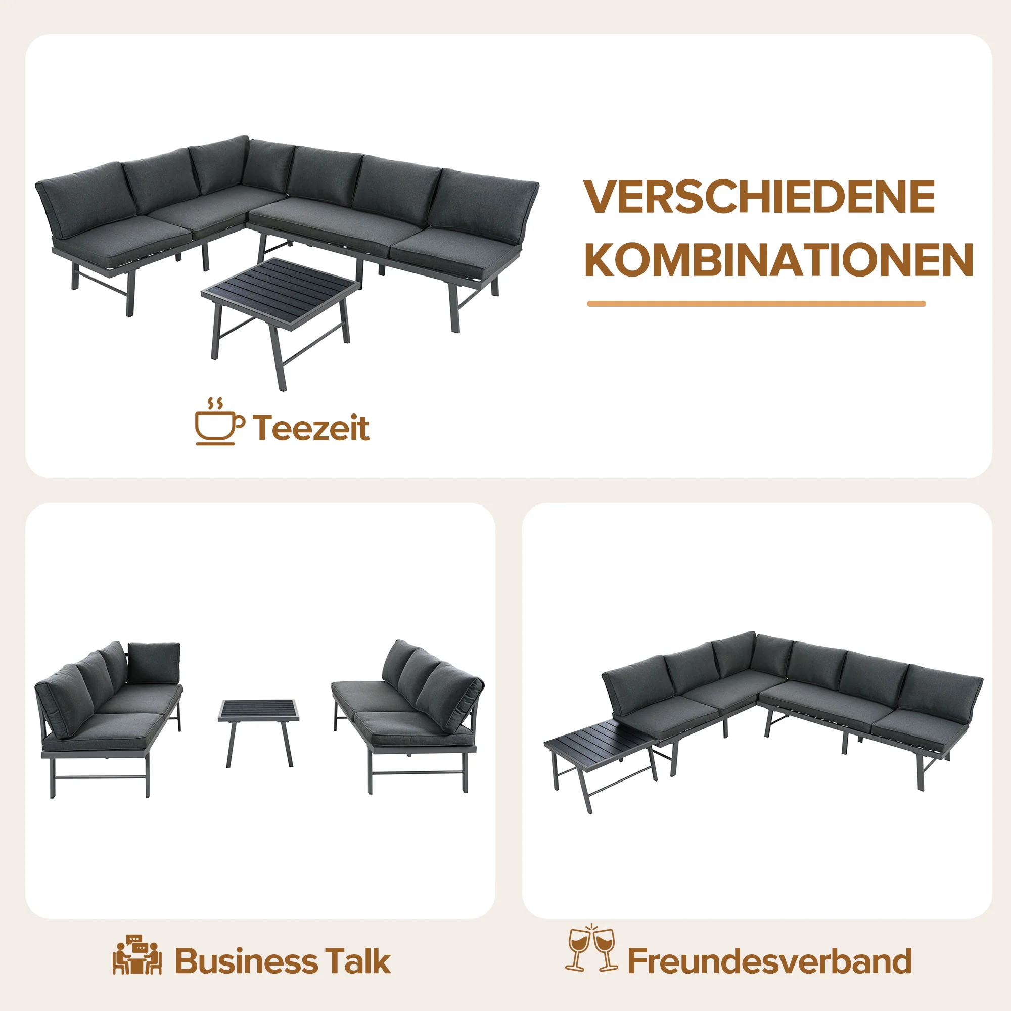 Garden furniture set lounge chair set 5-6 people 2 3-seater sofas 1 table with 7 gray cushions dark gray galvanized iron - Image 10