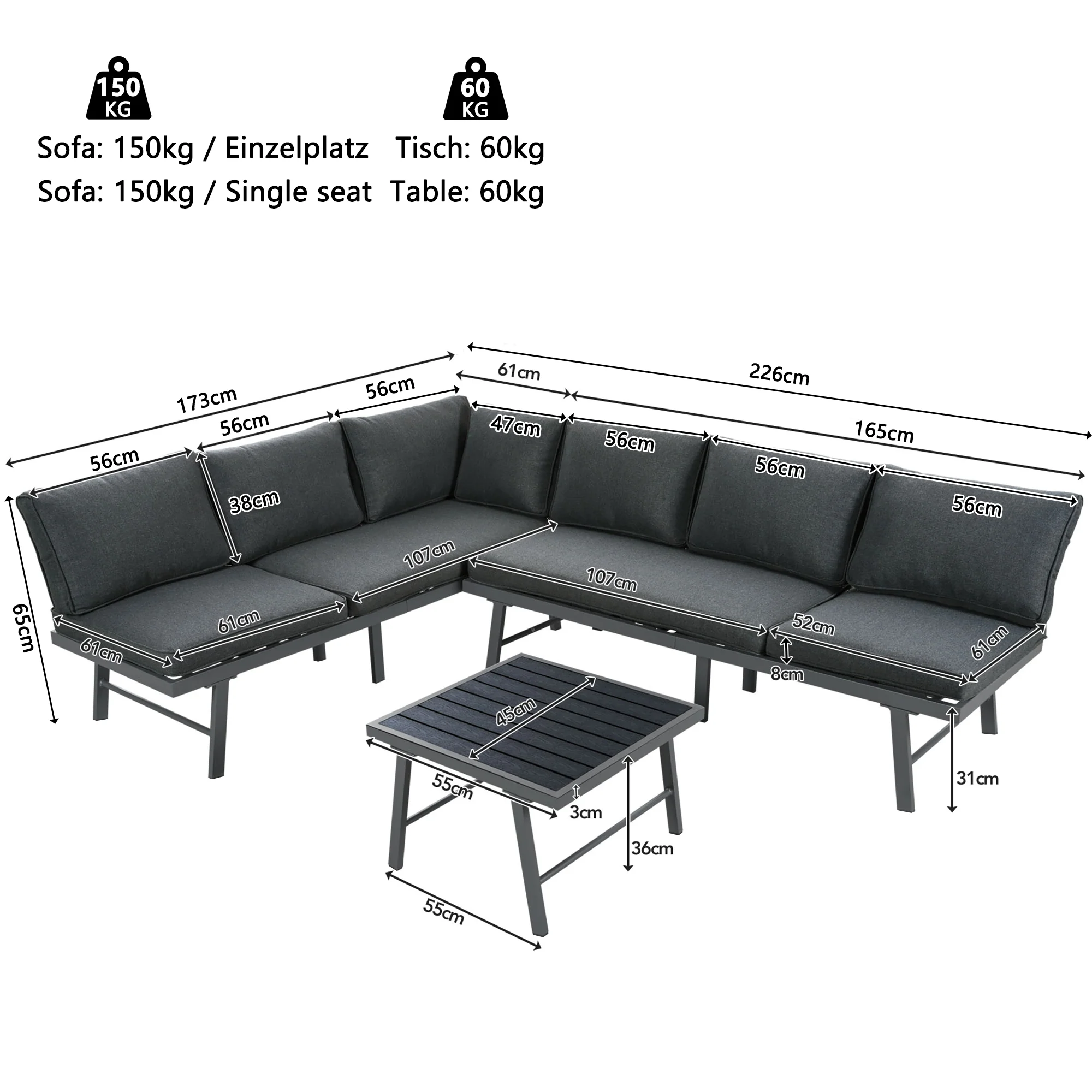 Garden furniture set lounge chair set 5-6 people 2 3-seater sofas 1 table with 7 gray cushions dark gray galvanized iron - Image 11