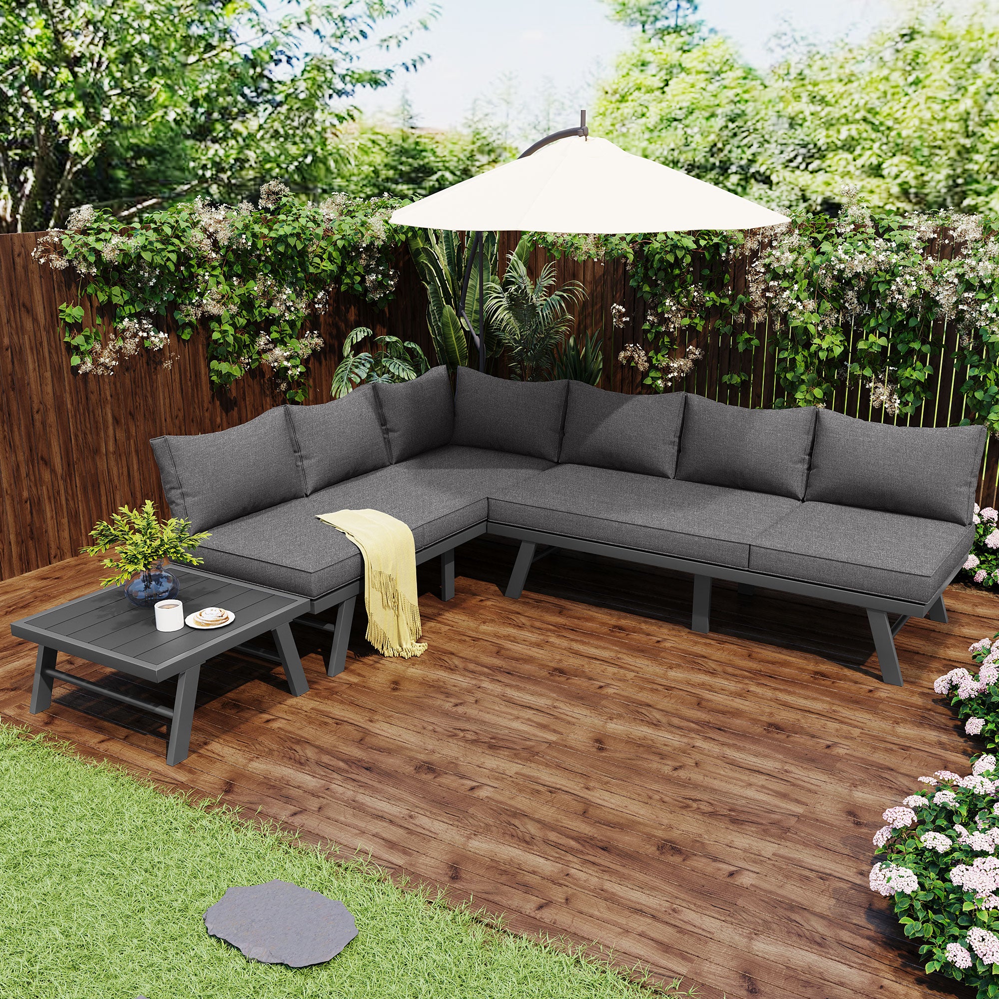 Garden furniture set lounge chair set 5-6 people 2 3-seater sofas 1 table with 7 gray cushions dark gray galvanized iron - Image 3