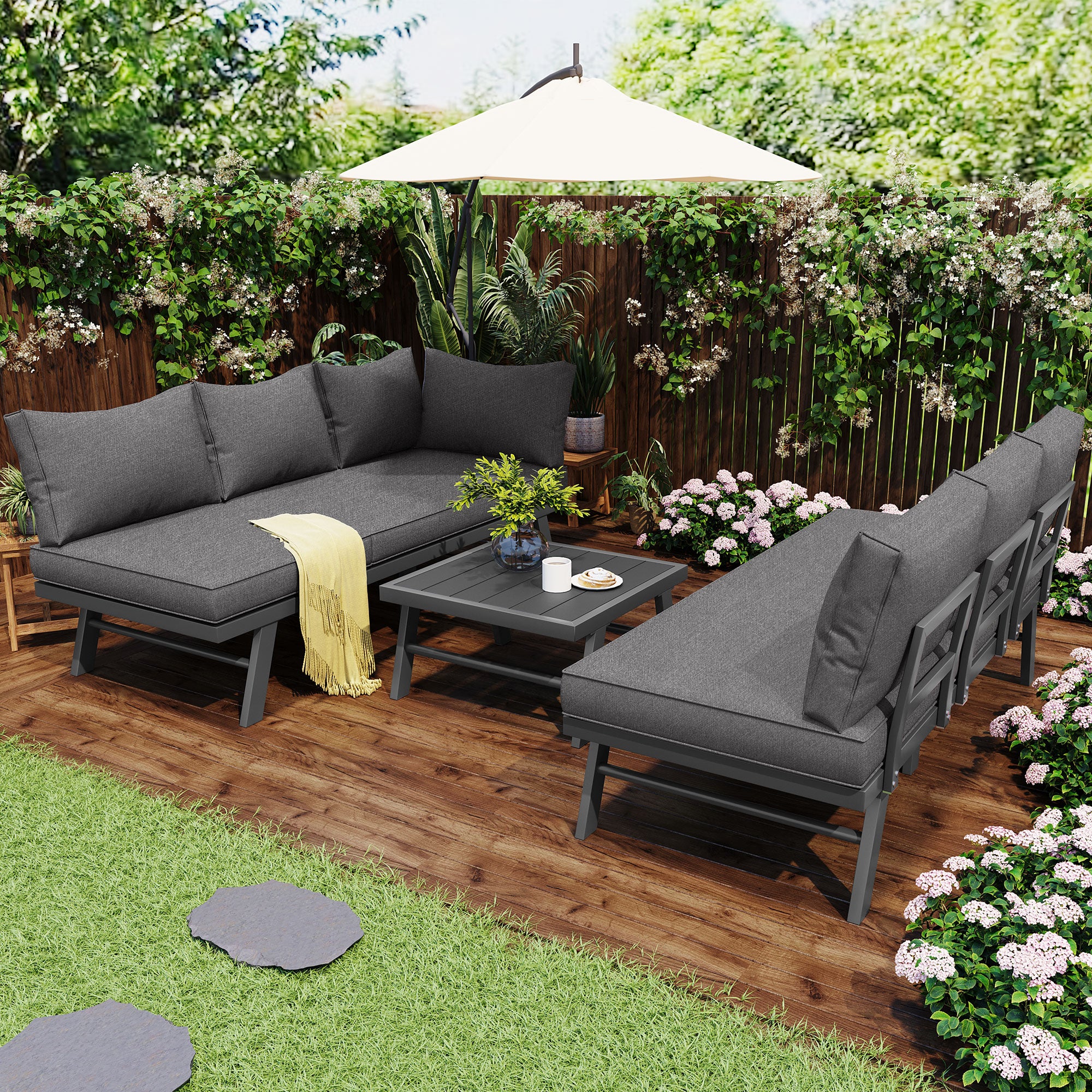 Garden furniture set lounge chair set 5-6 people 2 3-seater sofas 1 table with 7 gray cushions dark gray galvanized iron - Image 4