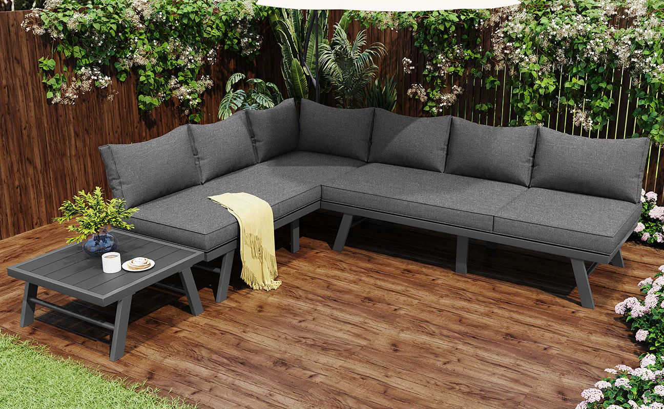 Garden furniture set lounge chair set 5-6 people 2 3-seater sofas 1 table with 7 gray cushions dark gray galvanized iron - Image 5