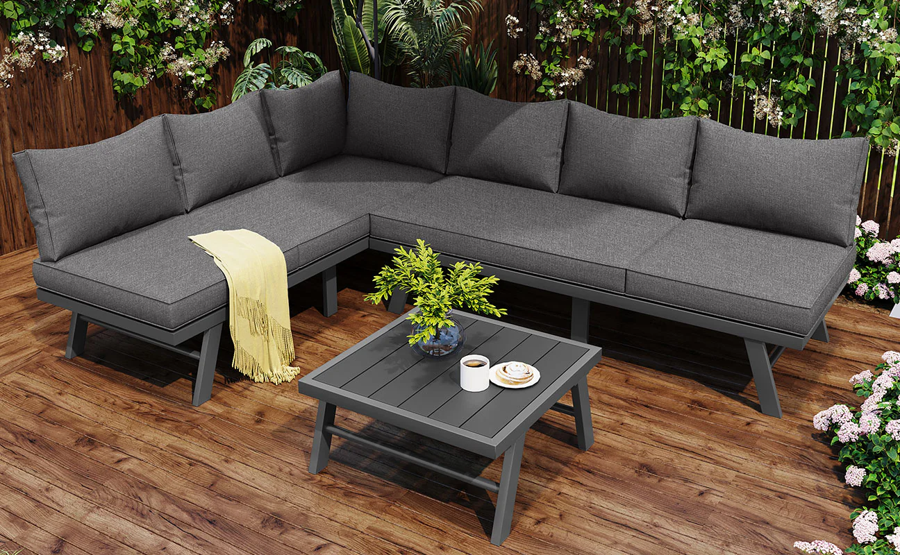 Garden furniture set lounge chair set 5-6 people 2 3-seater sofas 1 table with 7 gray cushions dark gray galvanized iron - Image 6