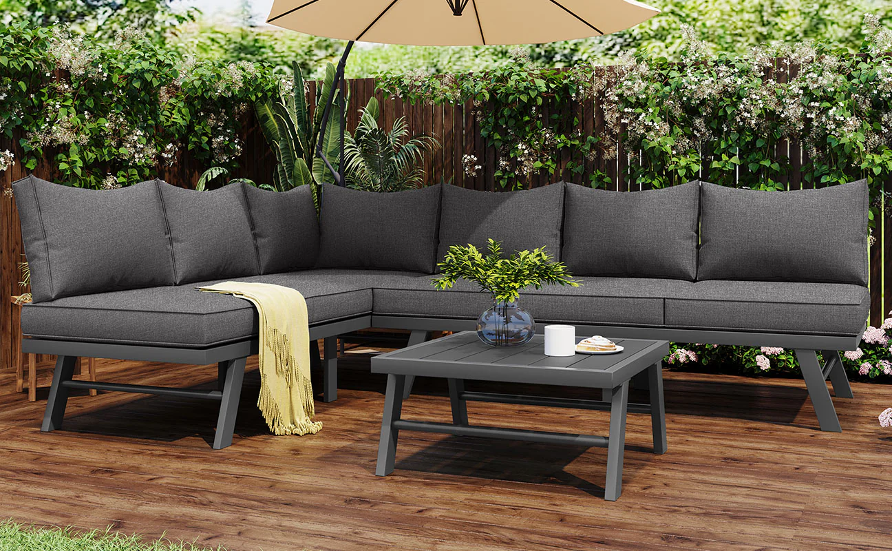 Garden furniture set lounge chair set 5-6 people 2 3-seater sofas 1 table with 7 gray cushions dark gray galvanized iron - Image 7