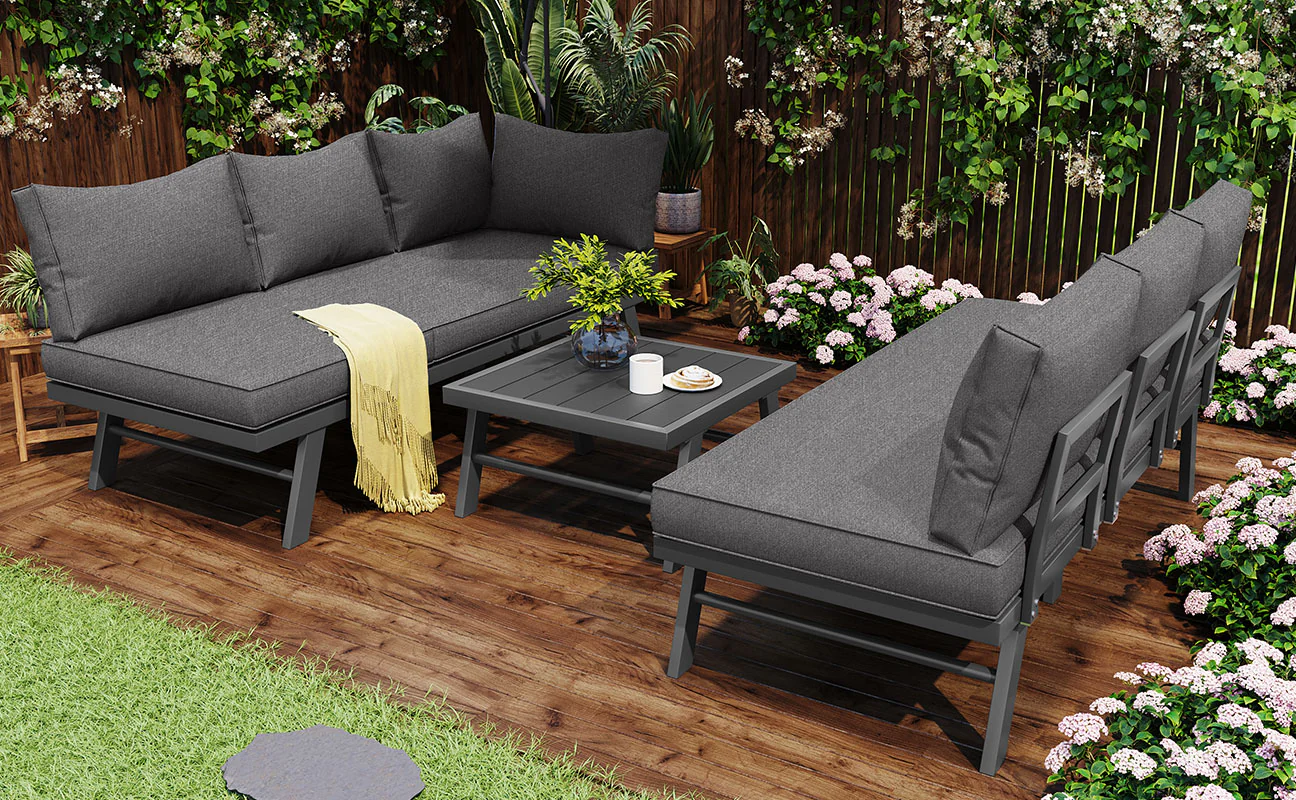 Garden furniture set lounge chair set 5-6 people 2 3-seater sofas 1 table with 7 gray cushions dark gray galvanized iron - Image 8
