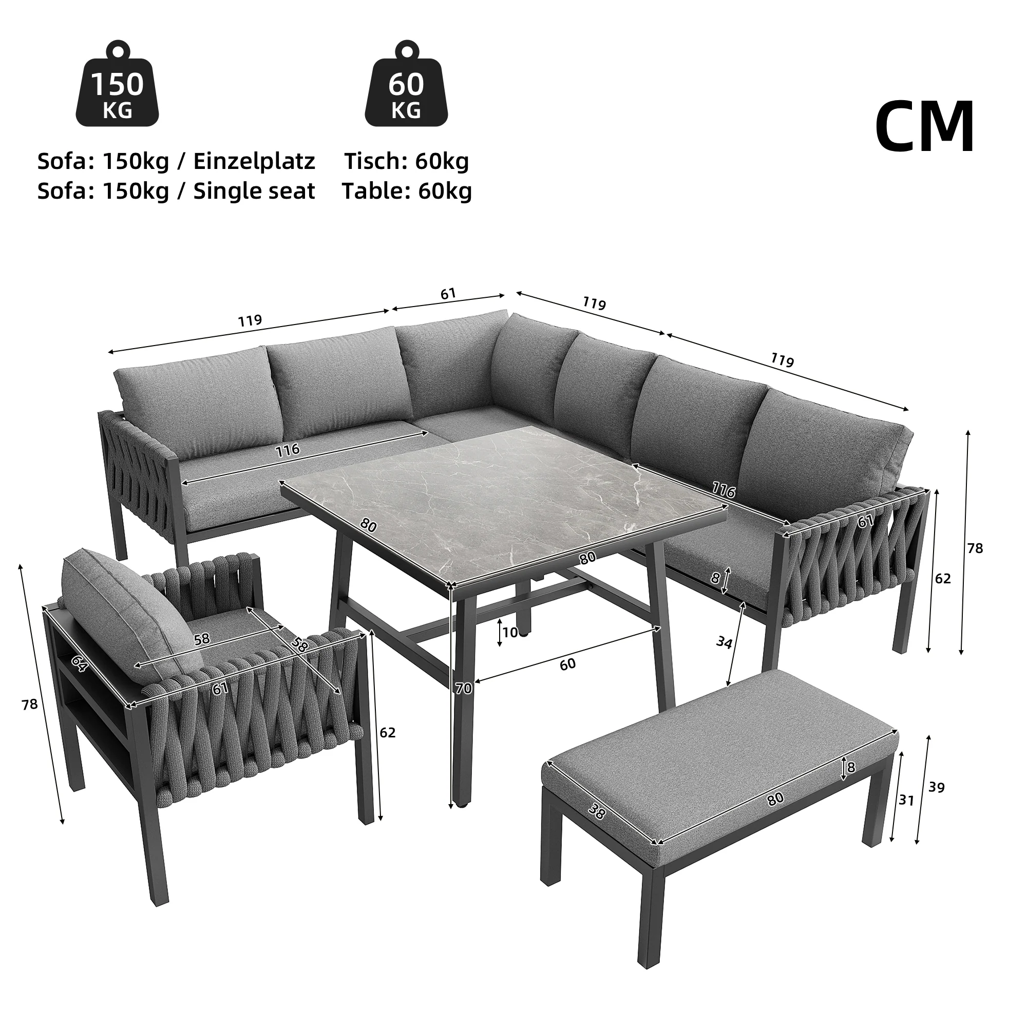 Garden Furniture Set Rope Corner Sofa Adjustable Legs Tempered Glass - Grey - Image 5