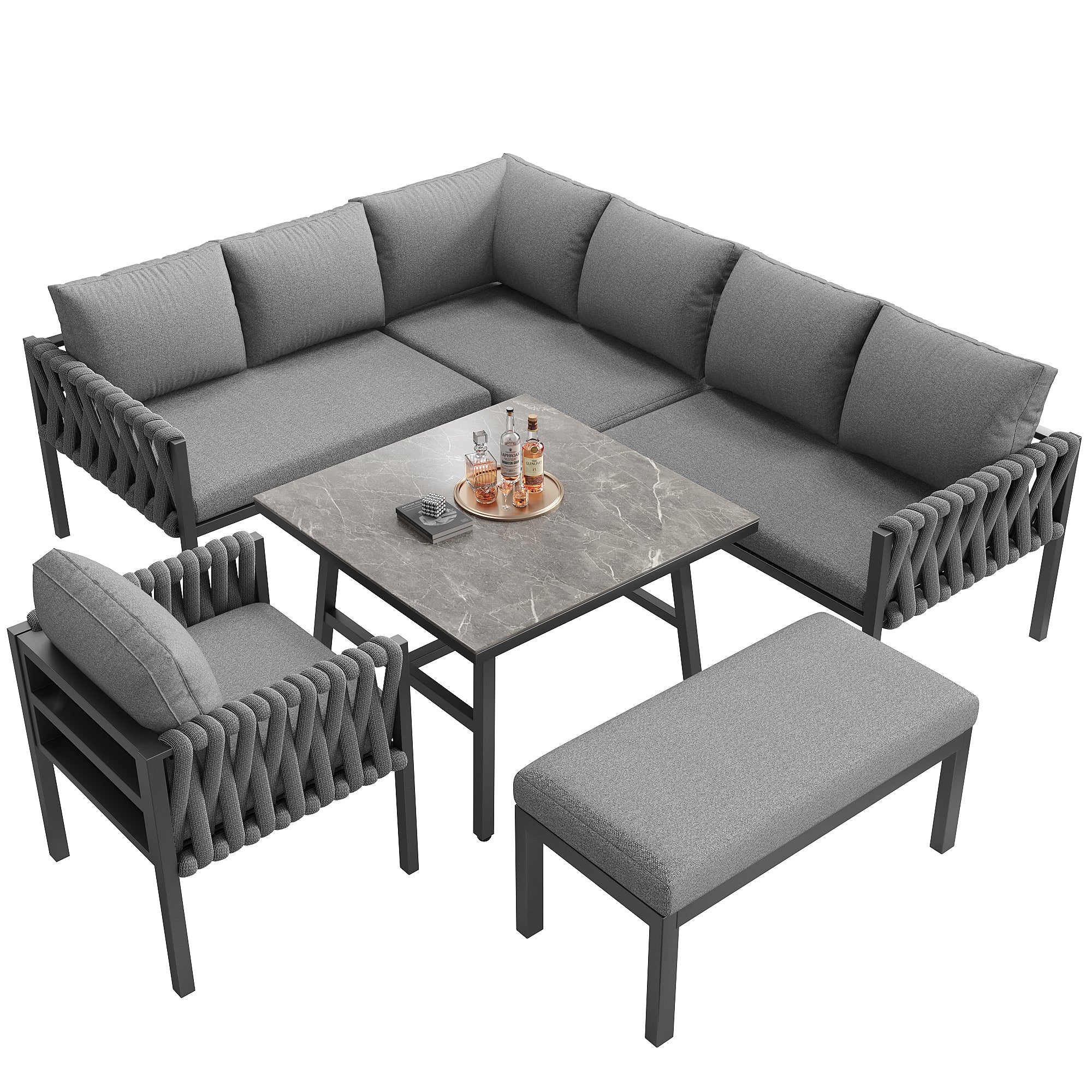 Garden Furniture Set Rope Corner Sofa Adjustable Legs Tempered Glass - Grey - Image 6
