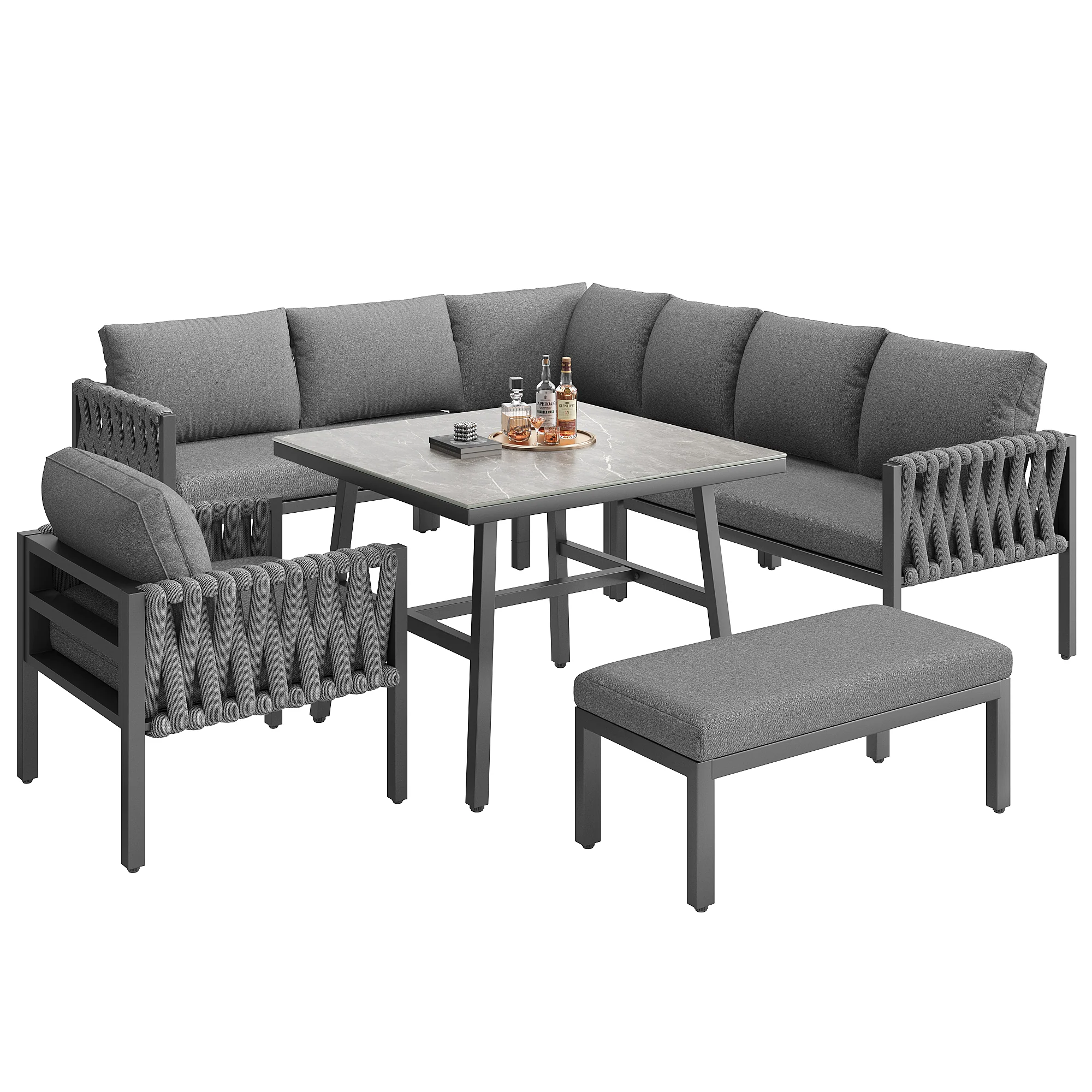 Garden Furniture Set Rope Corner Sofa Adjustable Legs Tempered Glass - Grey - Image 7
