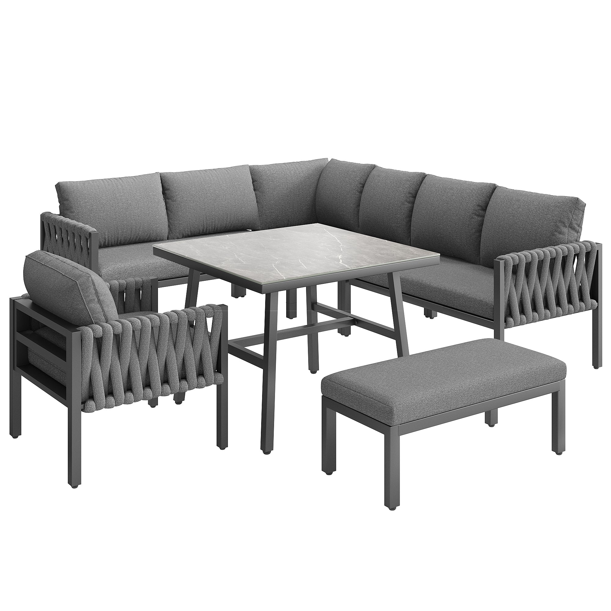 Garden Furniture Set Rope Corner Sofa Adjustable Legs Tempered Glass - Grey - Image 9