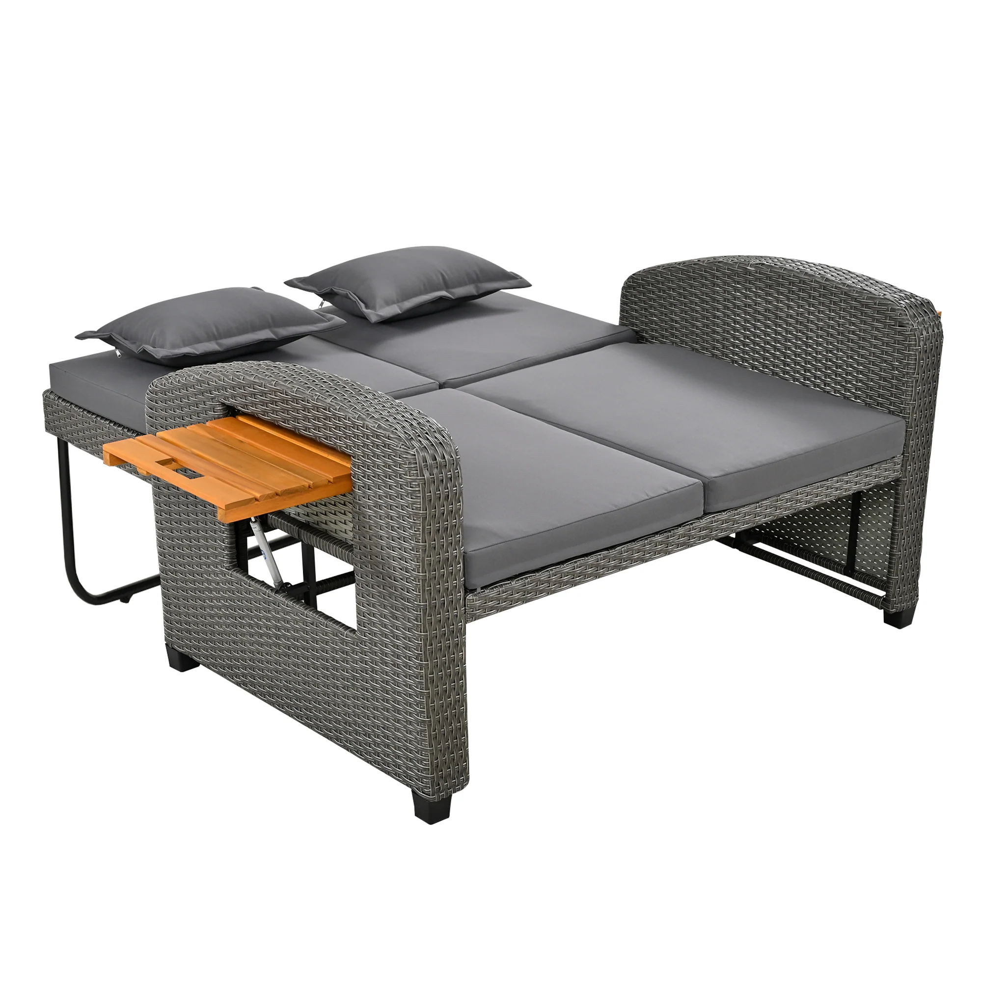 Garden Lounge Chair Set 2-Person Adjustable Back Convertible Bed - Grey Rattan - Image 8