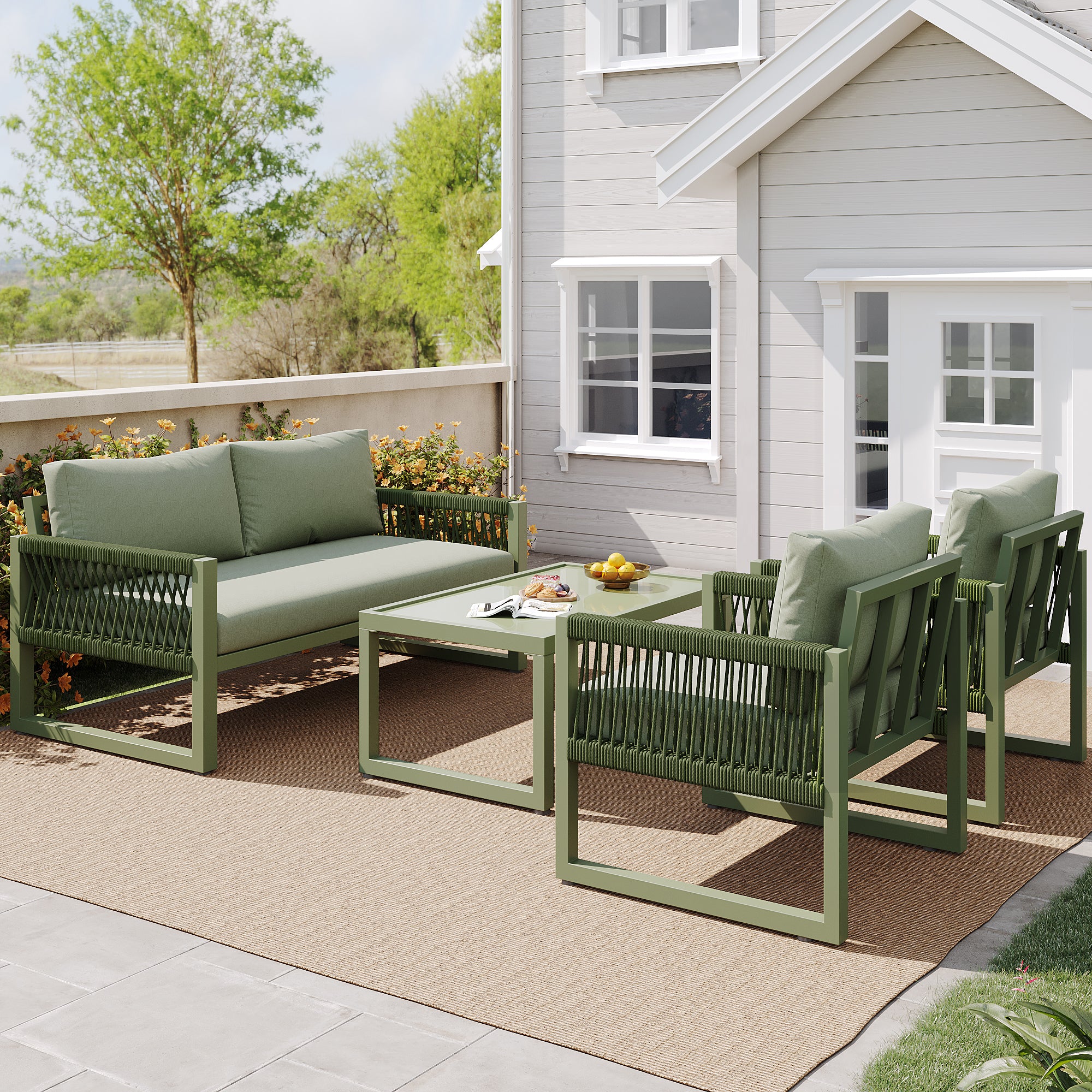 Garden Lounge Chair Set 4-Piece Rope/Iron Frame Glass Top - Green - Image 3