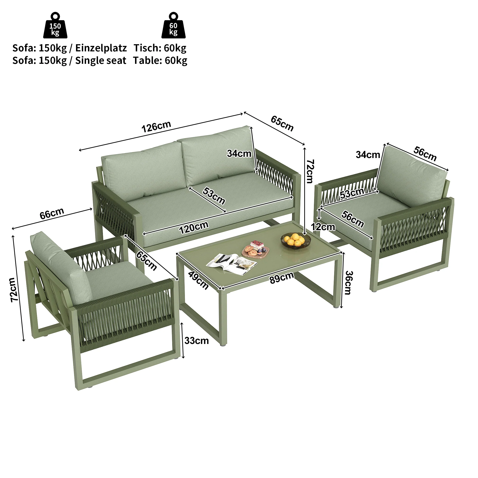 Garden Lounge Chair Set 4-Piece Rope/Iron Frame Glass Top - Green - Image 4