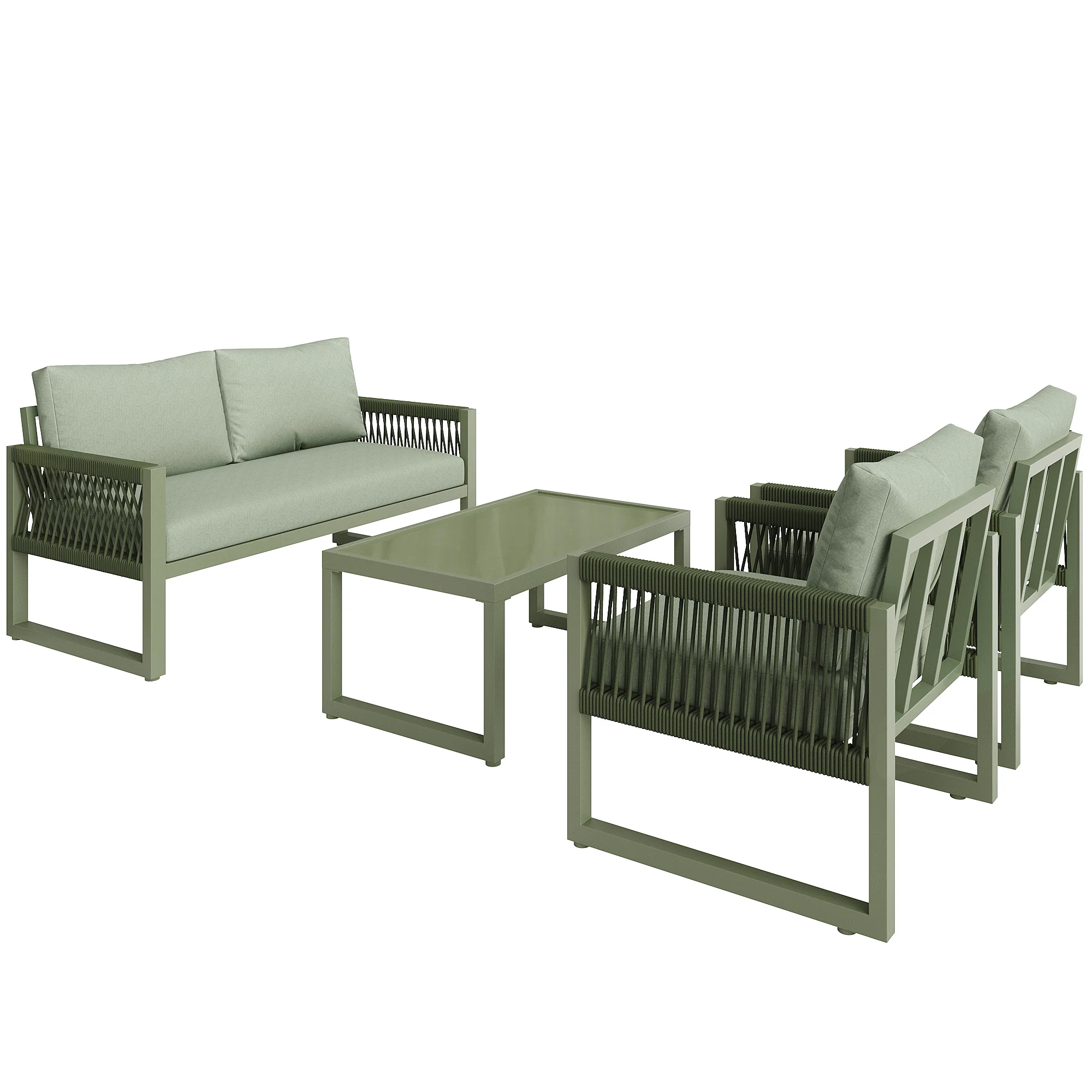 Garden Lounge Chair Set 4-Piece Rope/Iron Frame Glass Top - Green - Image 9