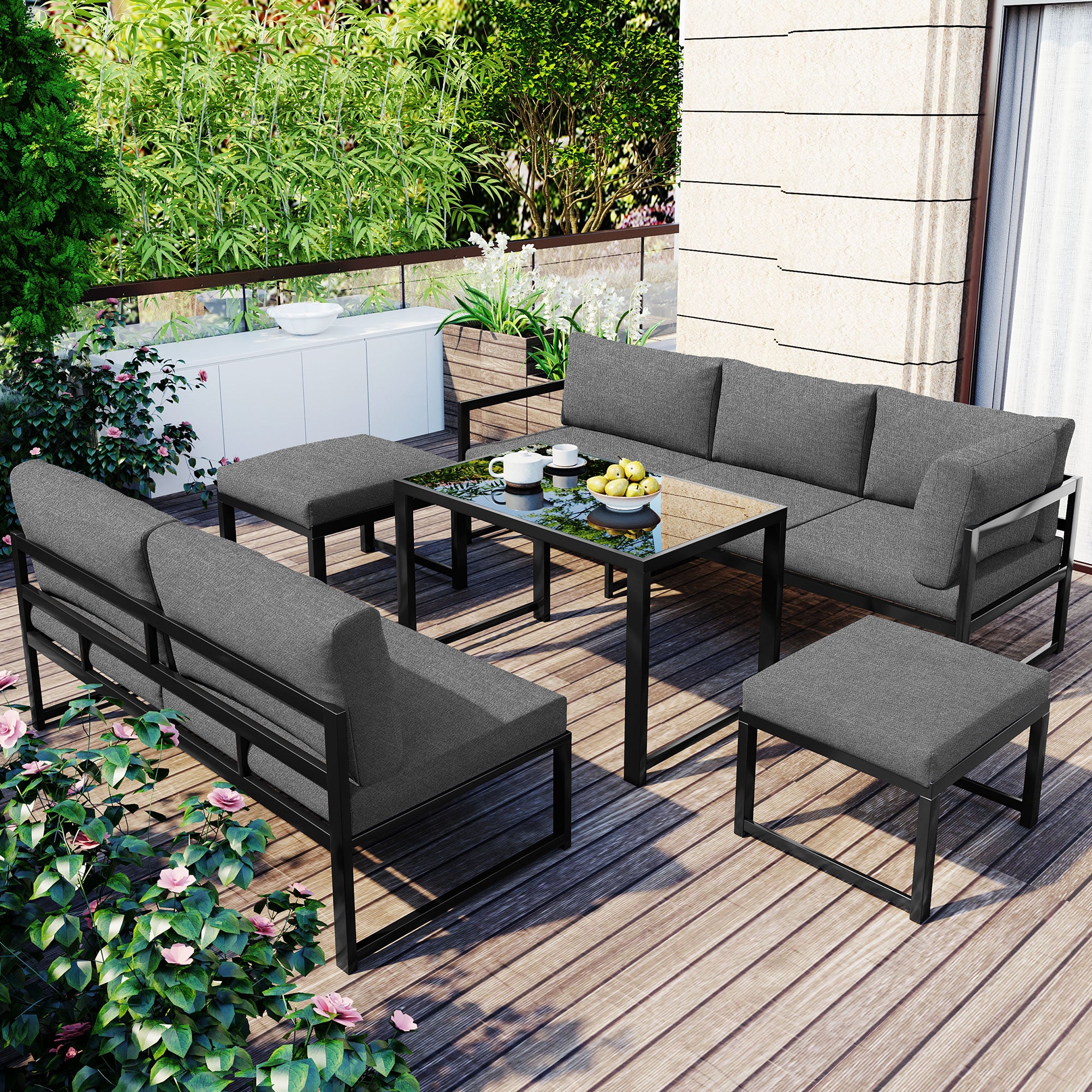 Garden Lounge Chair Set Aluminum 4-Way Reclining Adjustable Backrest with Cushions - Grey - Image 2