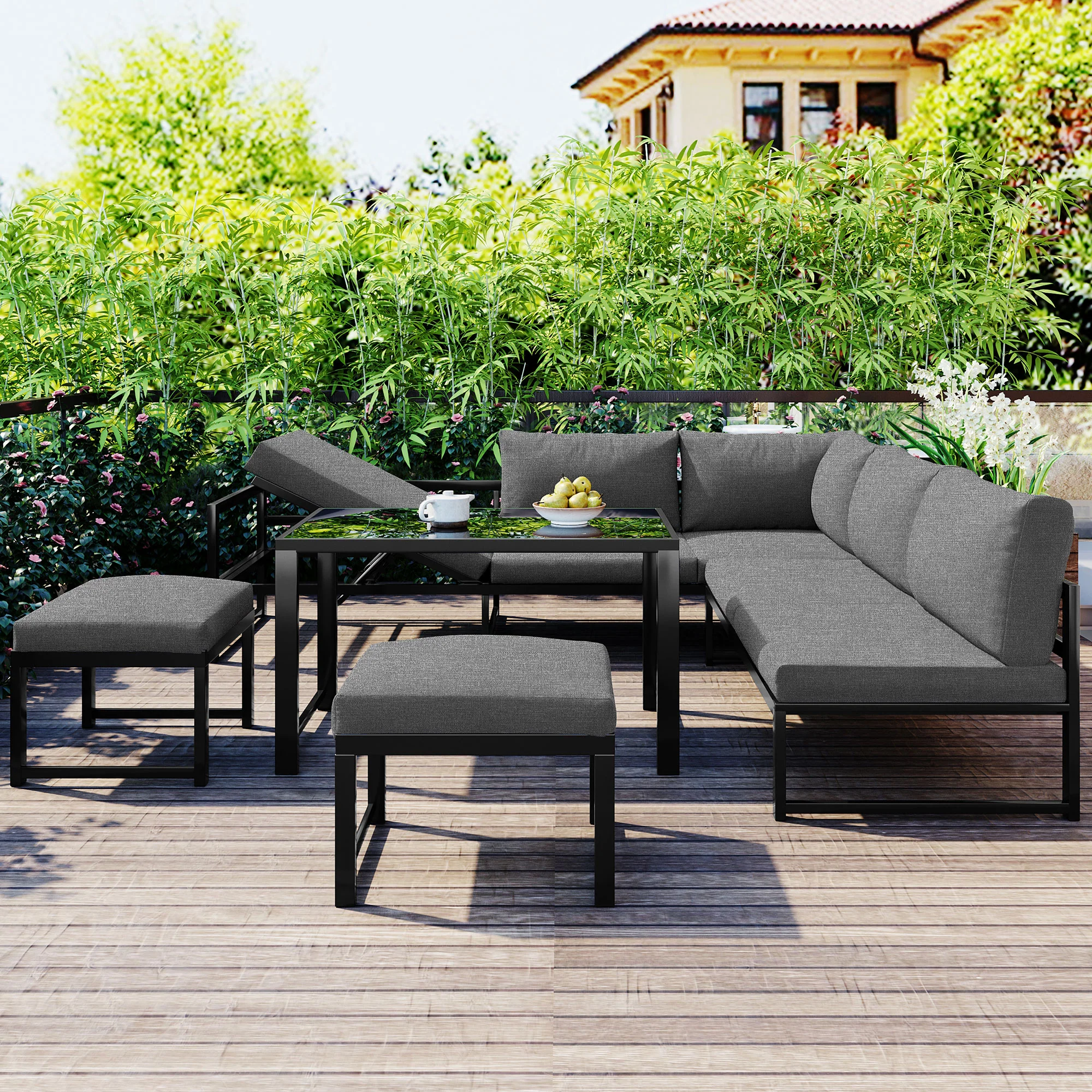 Garden Lounge Chair Set Aluminum 4-Way Reclining Adjustable Backrest with Cushions - Grey - Image 3