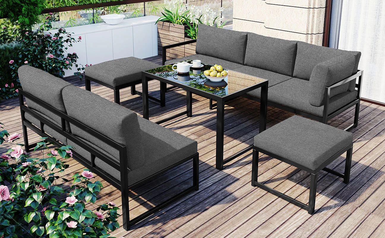 Garden Lounge Chair Set Aluminum 4-Way Reclining Adjustable Backrest with Cushions - Grey - Image 4
