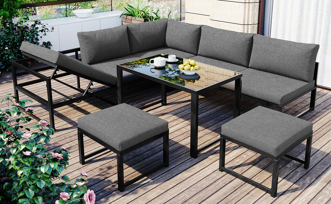 Garden Lounge Chair Set Aluminum 4-Way Reclining Adjustable Backrest with Cushions - Grey - Image 5