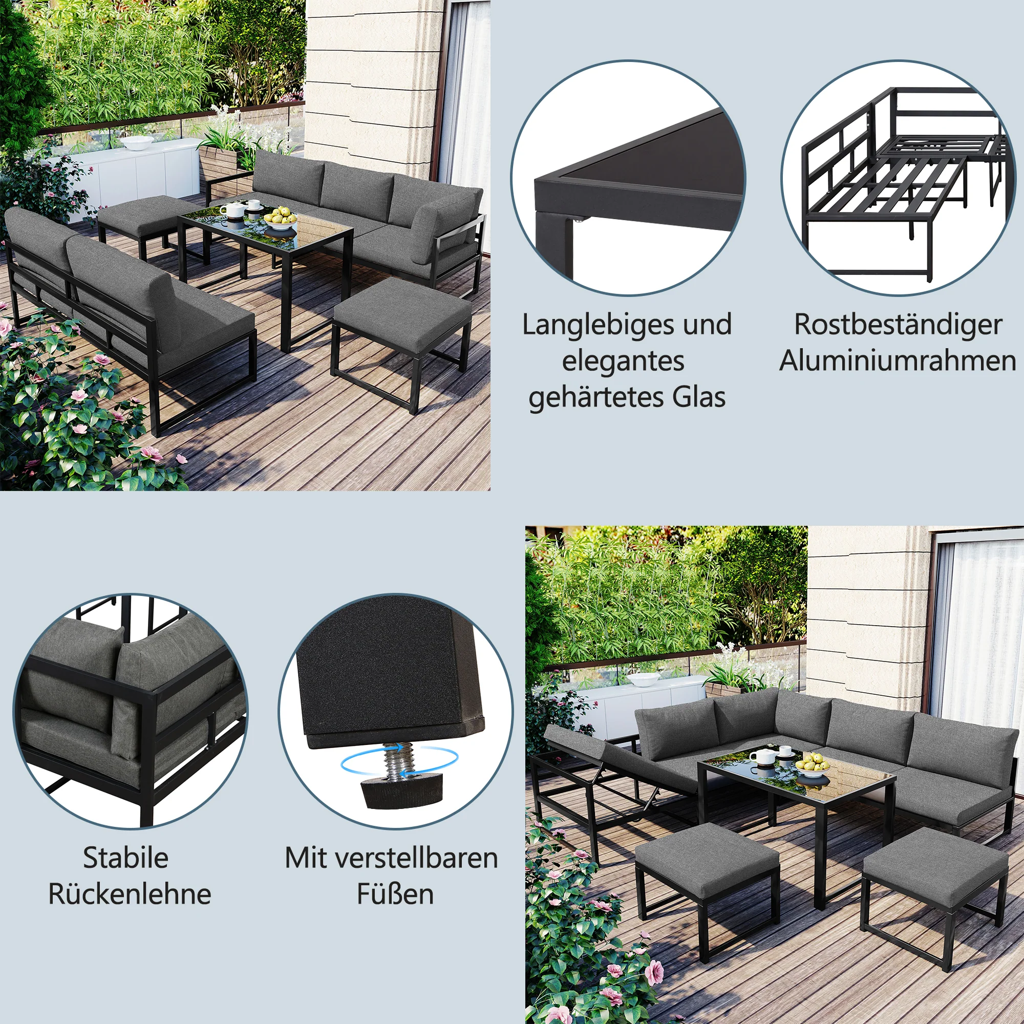 Garden Lounge Chair Set Aluminum 4-Way Reclining Adjustable Backrest with Cushions - Grey - Image 7