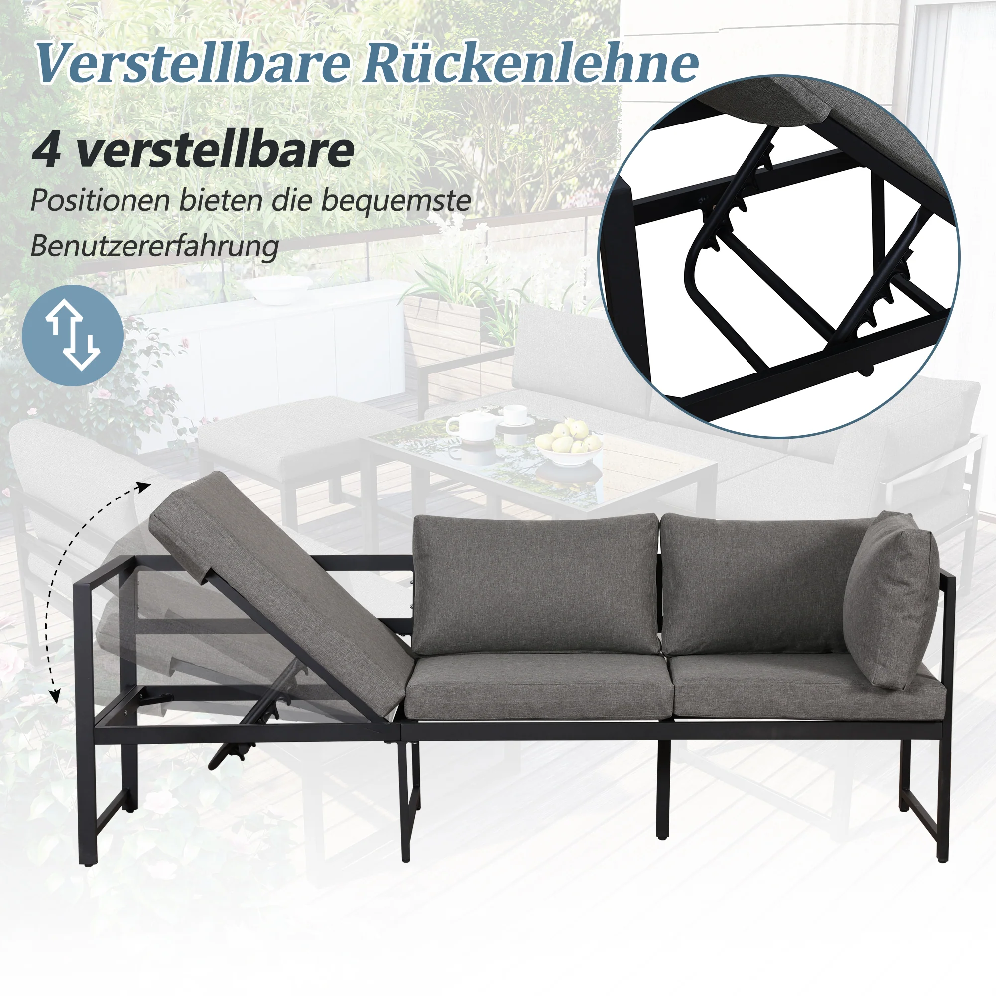 Garden Lounge Chair Set Aluminum 4-Way Reclining Adjustable Backrest with Cushions - Grey - Image 9