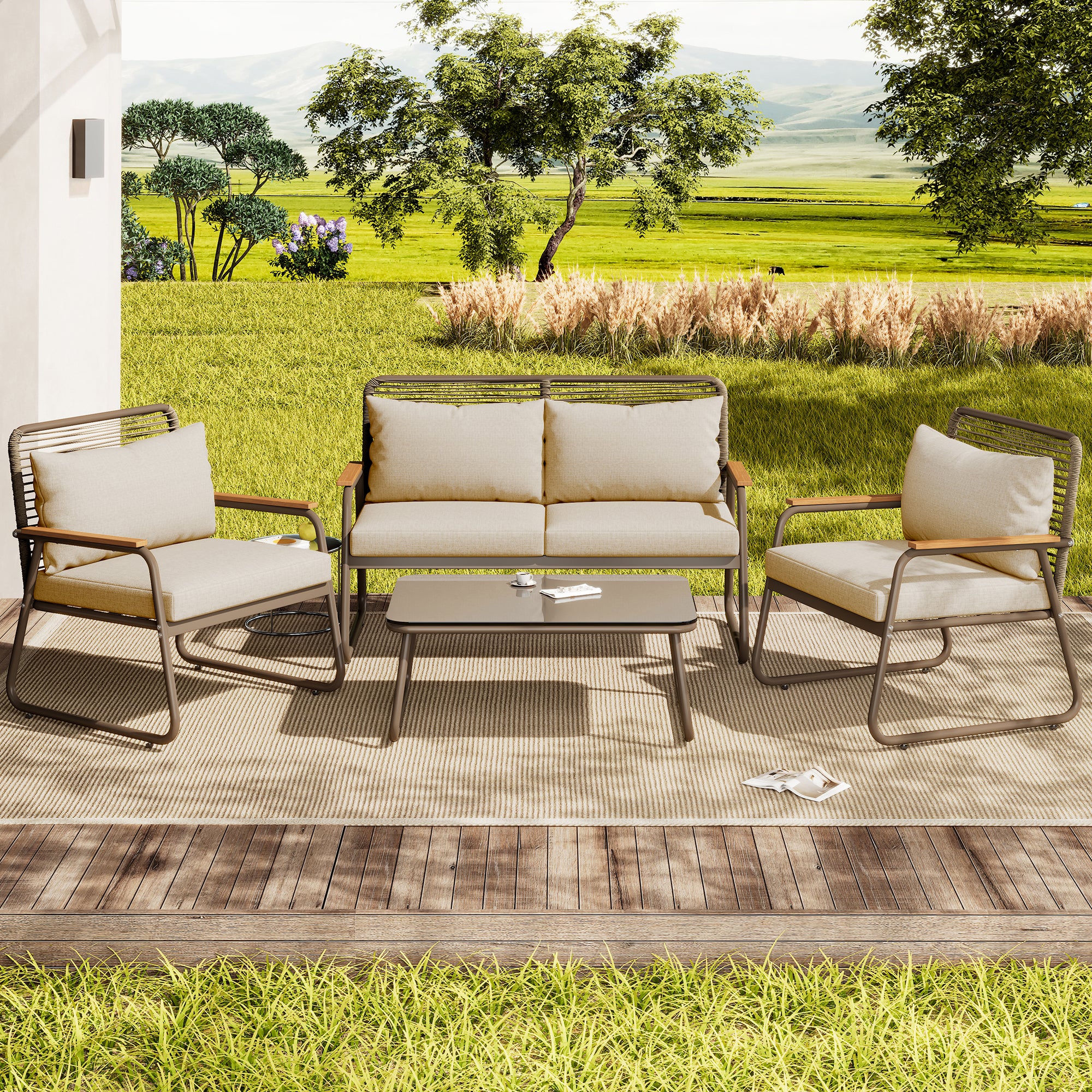 Garden Lounge Set 4 Person Sofa Table Adjustable Legs Tempered Glass - Beige - Image 2