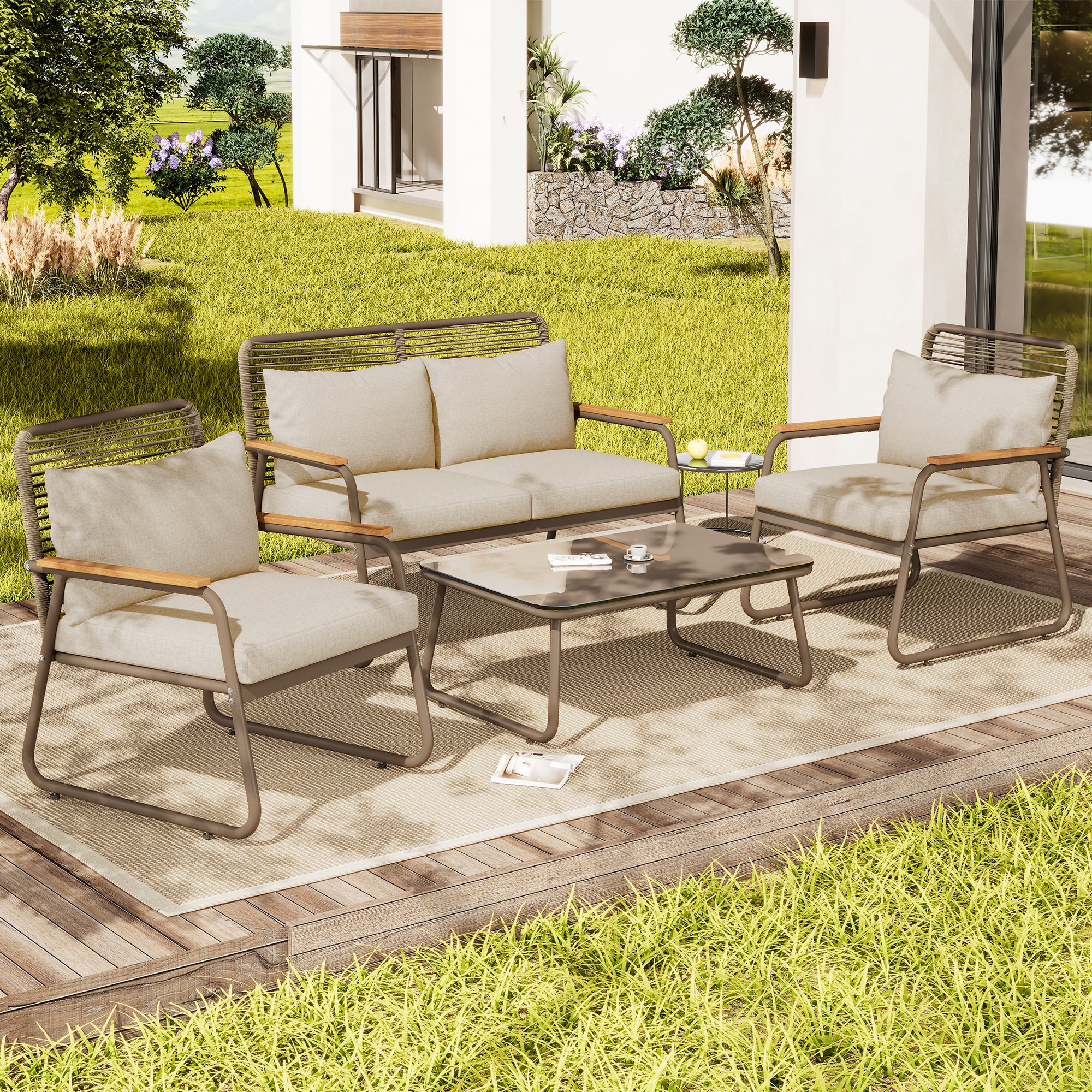 Garden Lounge Set 4 Person Sofa Table Adjustable Legs Tempered Glass - Beige - Image 3