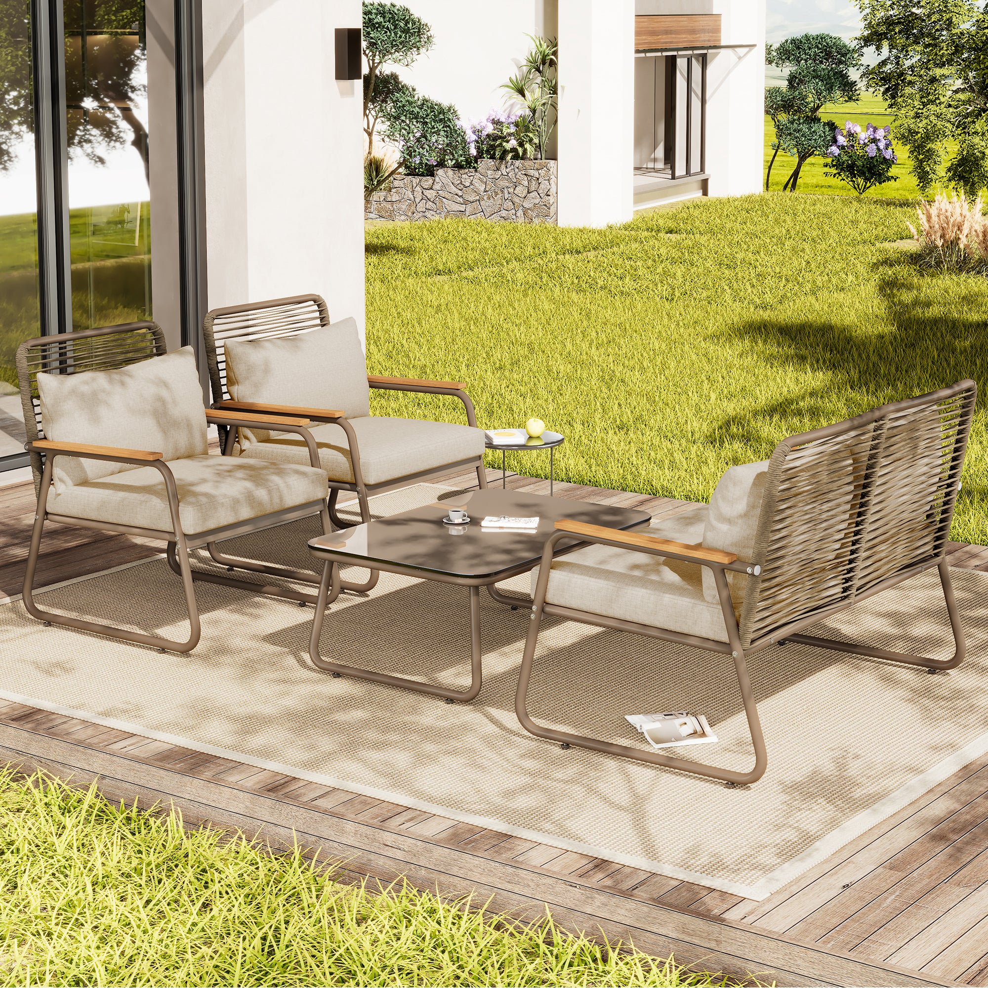 Garden Lounge Set 4 Person Sofa Table Adjustable Legs Tempered Glass - Beige - Image 4
