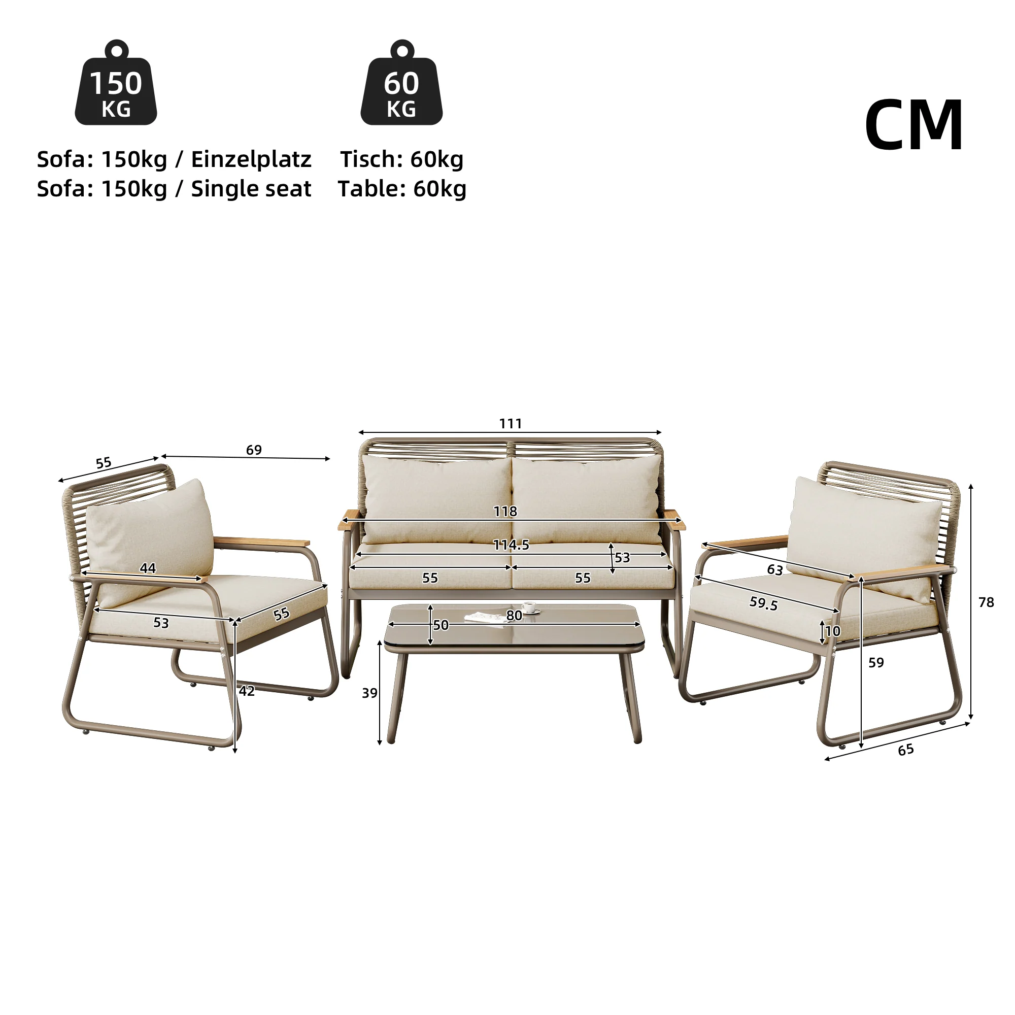 Garden Lounge Set 4 Person Sofa Table Adjustable Legs Tempered Glass - Beige - Image 5
