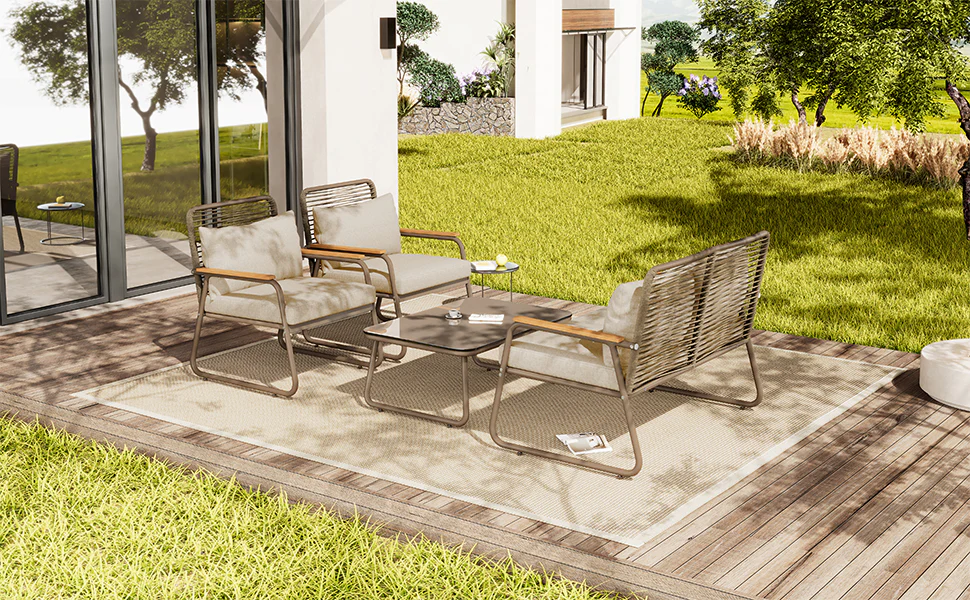 Garden Lounge Set 4 Person Sofa Table Adjustable Legs Tempered Glass - Beige - Image 6