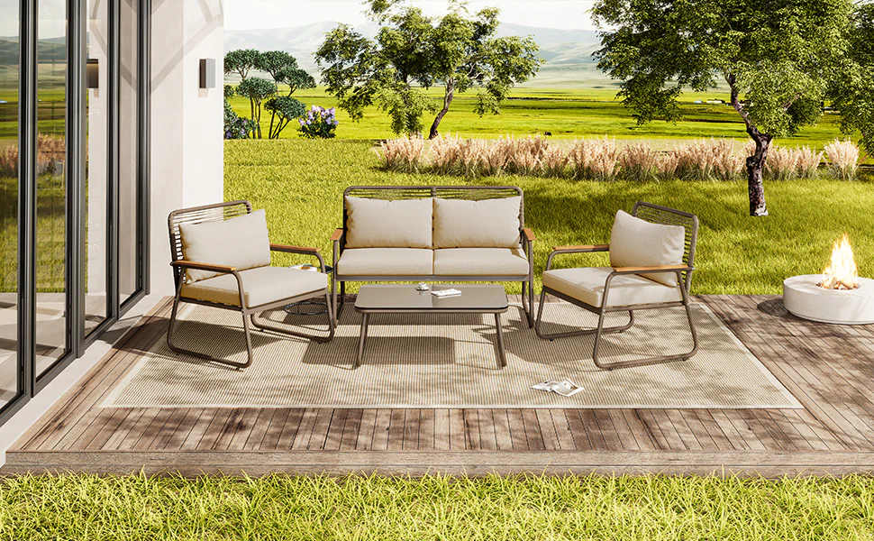 Garden Lounge Set 4 Person Sofa Table Adjustable Legs Tempered Glass - Beige - Image 7