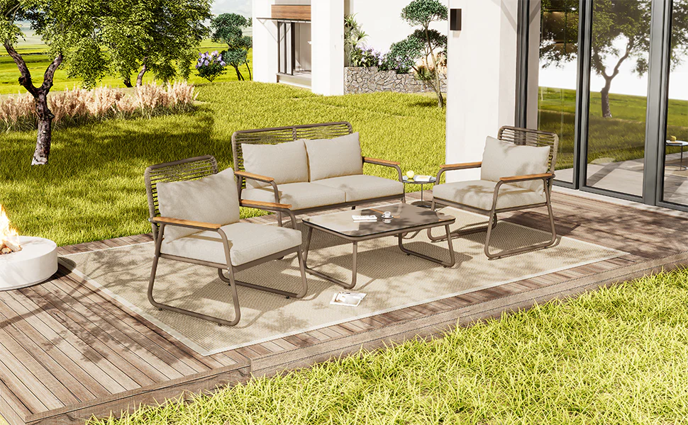 Garden Lounge Set 4 Person Sofa Table Adjustable Legs Tempered Glass - Beige - Image 8
