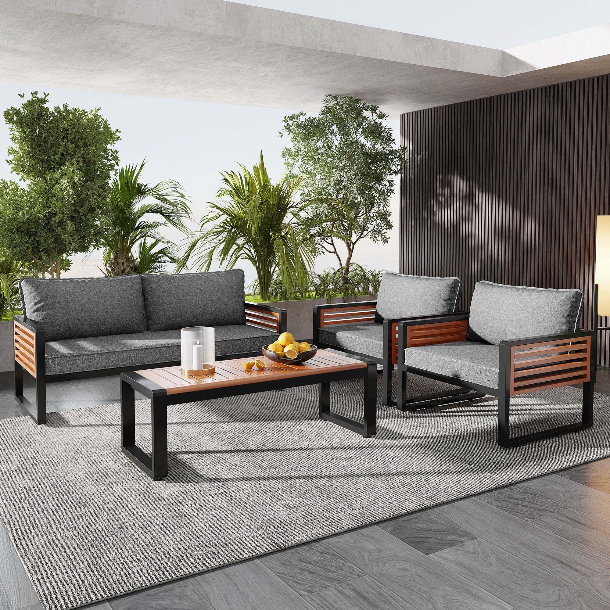 Garden Lounge Set 4-Piece Dining Set Galvanized Iron Frame Decorative Wooden Armrests Grey - Image 2