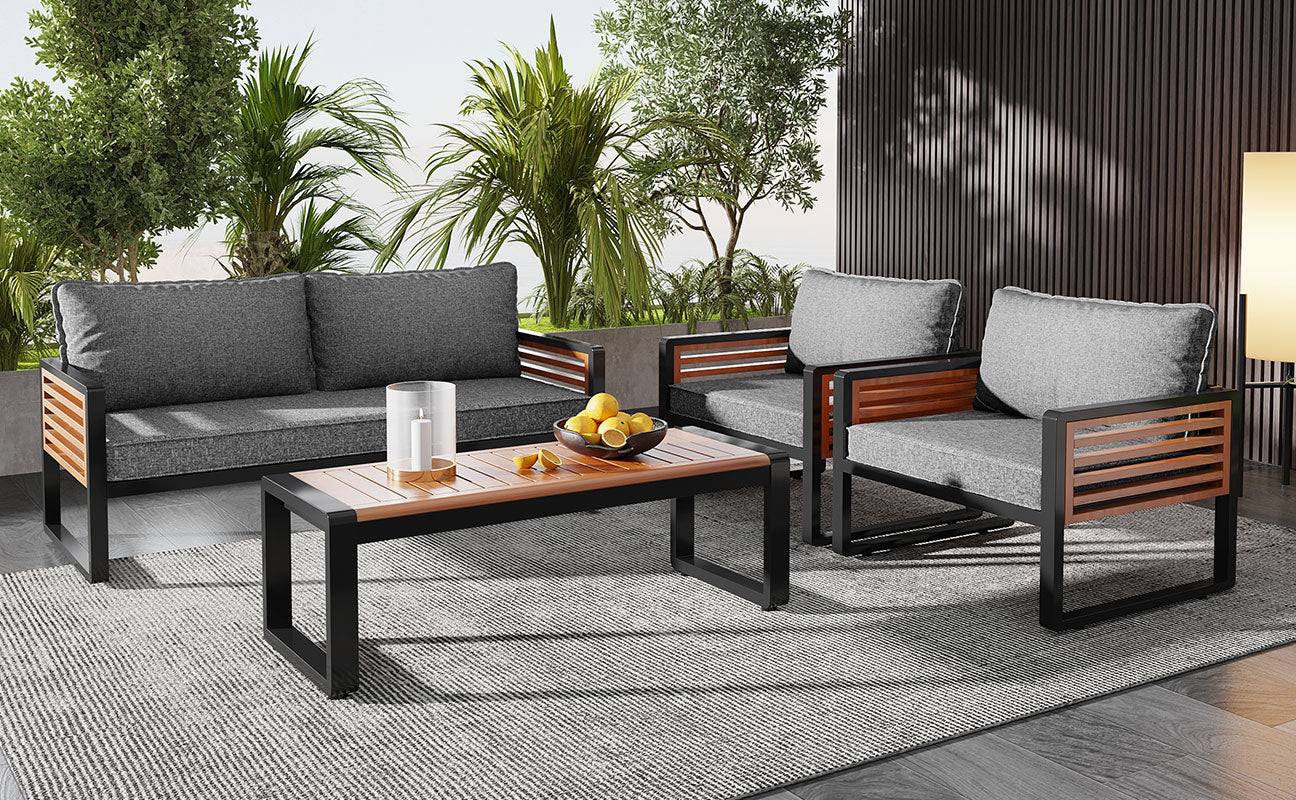 Garden Lounge Set 4-Piece Dining Set Galvanized Iron Frame Decorative Wooden Armrests Grey - Image 3