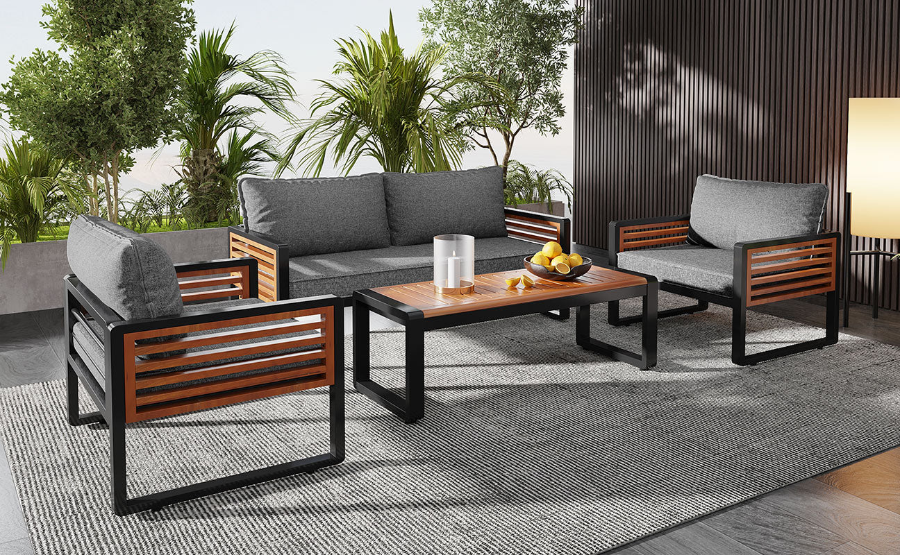 Garden Lounge Set 4-Piece Dining Set Galvanized Iron Frame Decorative Wooden Armrests Grey - Image 4