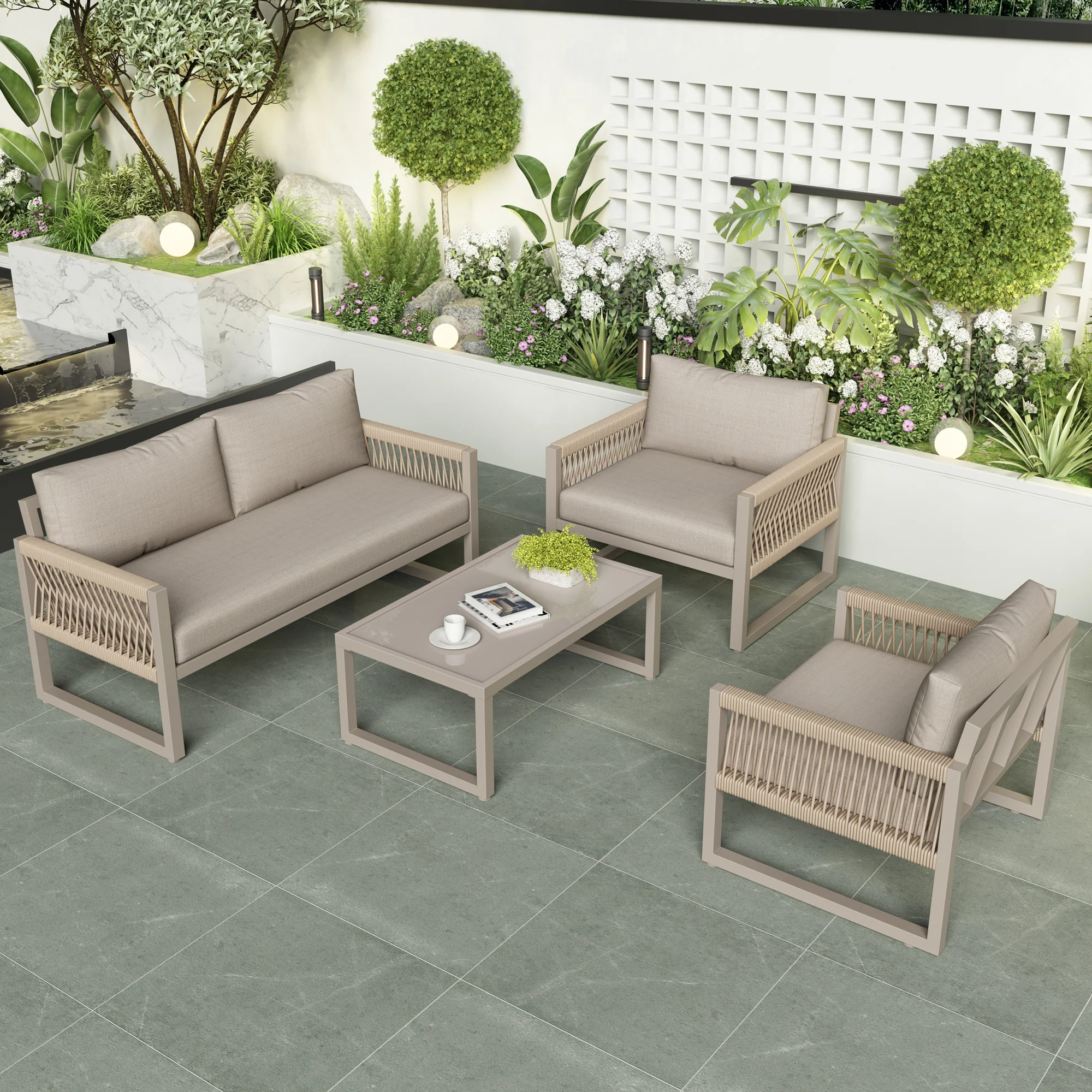 Garden Lounge Set 4-Piece Rope Furniture with Glass Top, Khaki Rope/Iron Frame