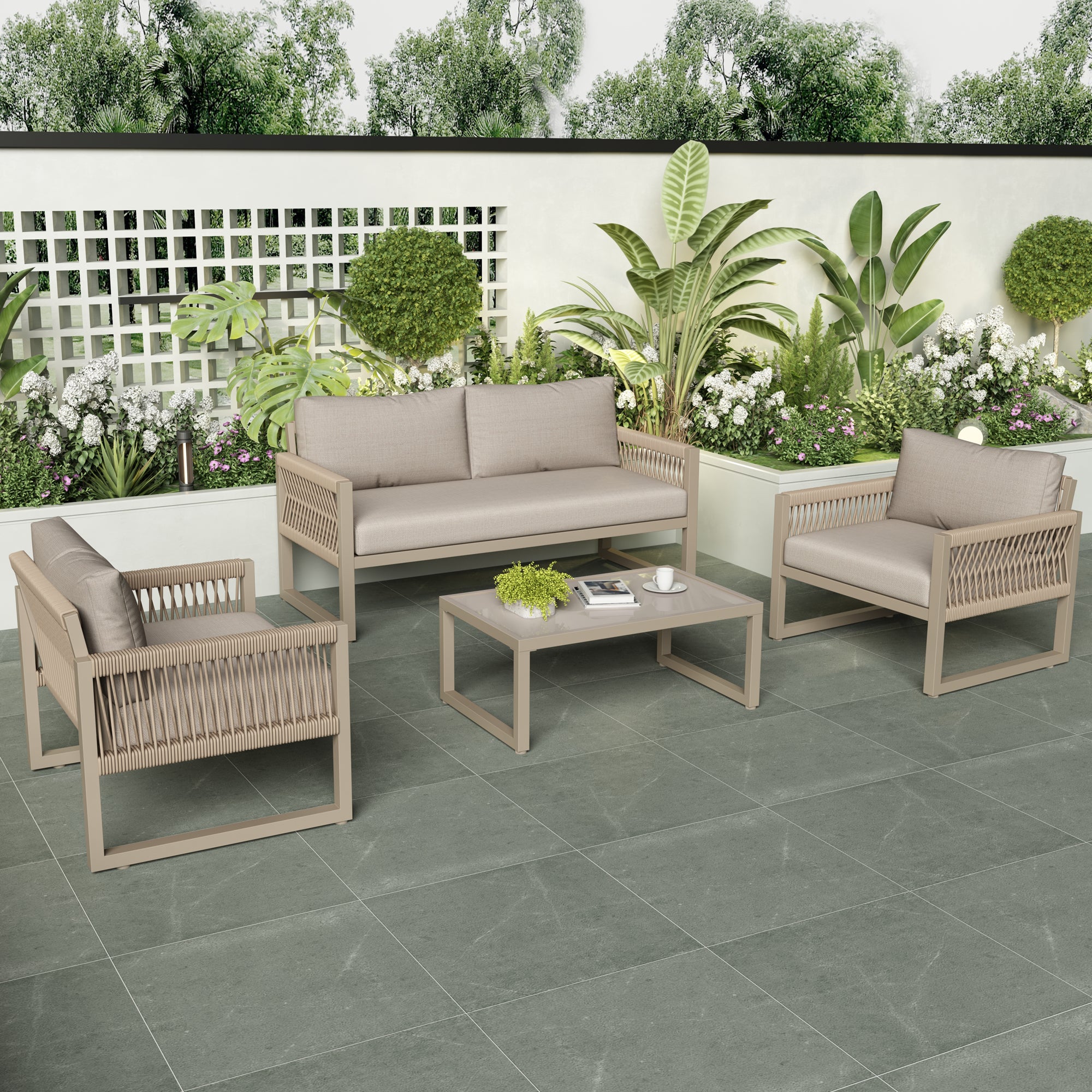 Garden Lounge Set 4-Piece Rope Furniture with Glass Top, Khaki Rope/Iron Frame - Image 4