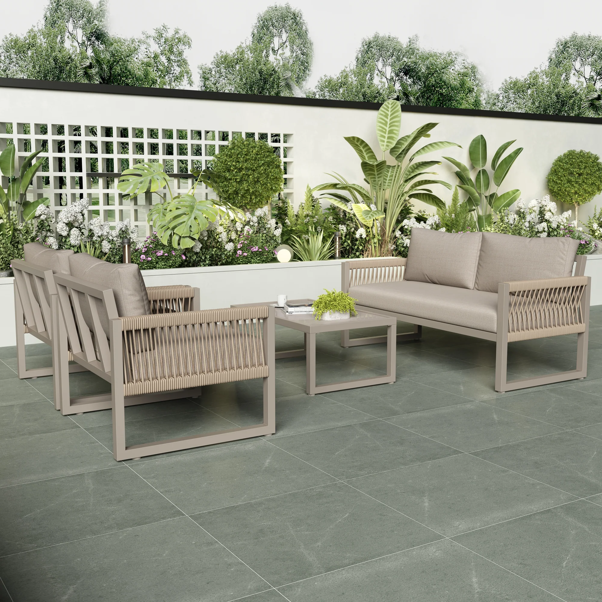 Garden Lounge Set 4-Piece Rope Furniture with Glass Top, Khaki Rope/Iron Frame - Image 5