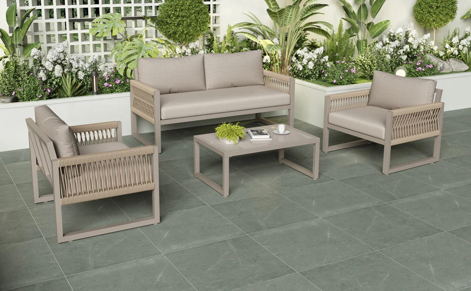 Garden Lounge Set 4-Piece Rope Furniture with Glass Top, Khaki Rope/Iron Frame - Image 6