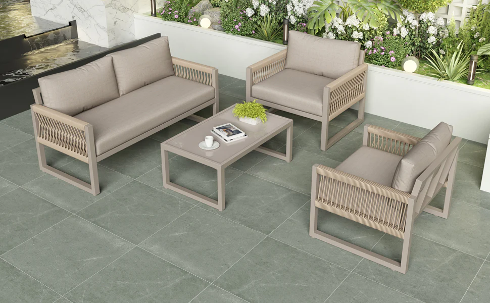 Garden Lounge Set 4-Piece Rope Furniture with Glass Top, Khaki Rope/Iron Frame - Image 7