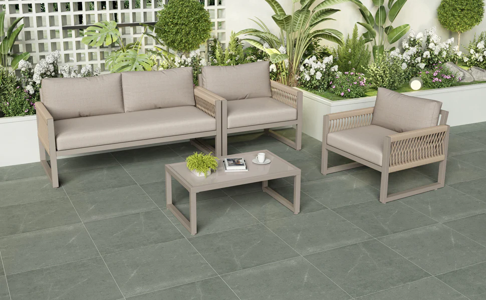 Garden Lounge Set 4-Piece Rope Furniture with Glass Top, Khaki Rope/Iron Frame - Image 8